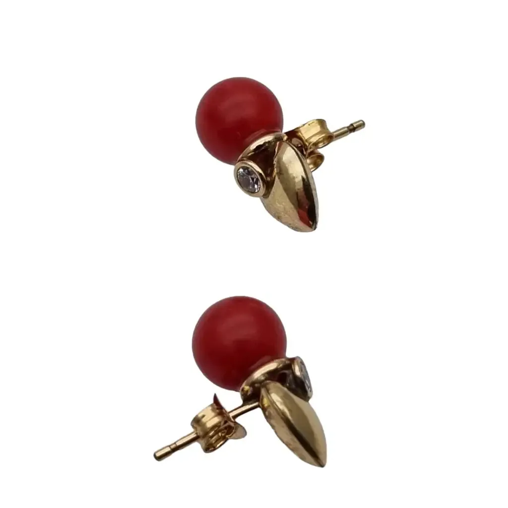 Gold and red coral laminated earrings with white zircons, gifts.