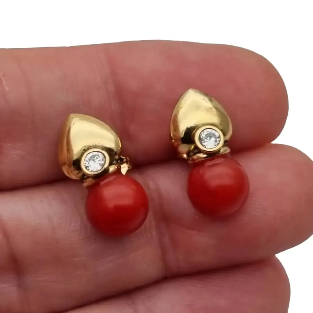 Gold and red coral laminated earrings with white zircons, gifts.