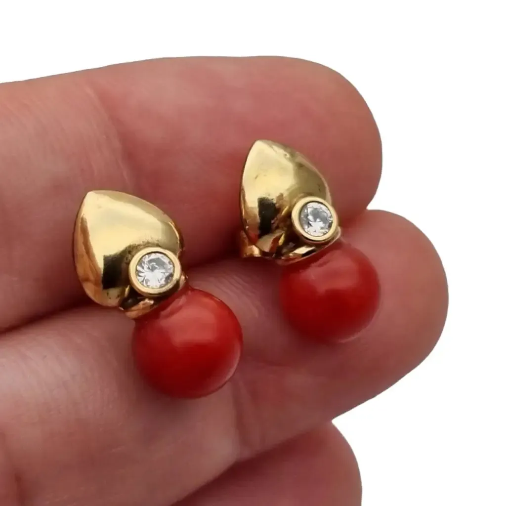 Gold and red coral laminated earrings with white zircons, gifts.