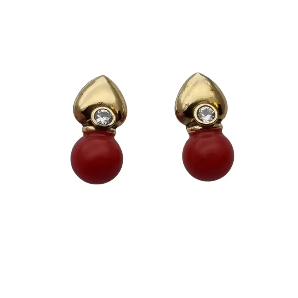 Gold and red coral laminated earrings with white zircons, gifts.