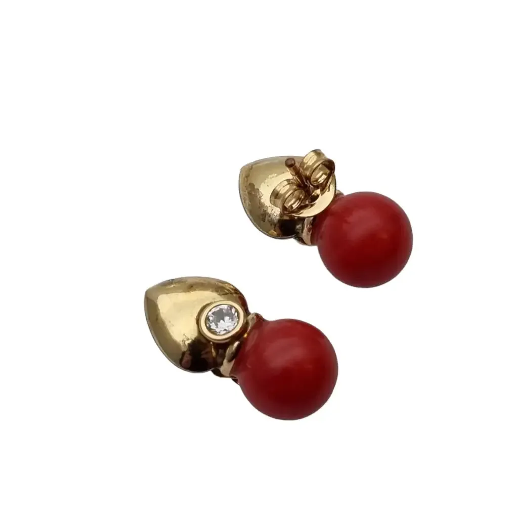 Gold and red coral laminated earrings with white zircons, gifts.
