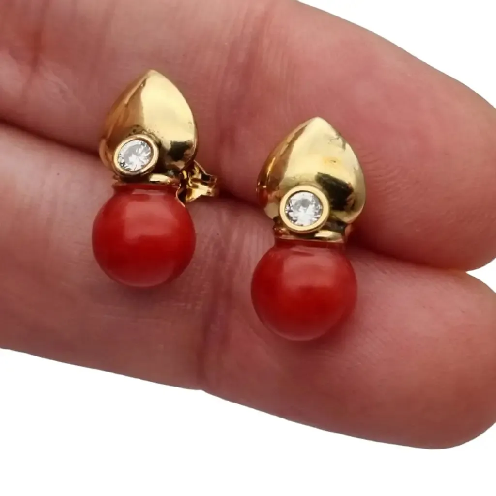 Gold and red coral laminated earrings with white zircons, gifts.