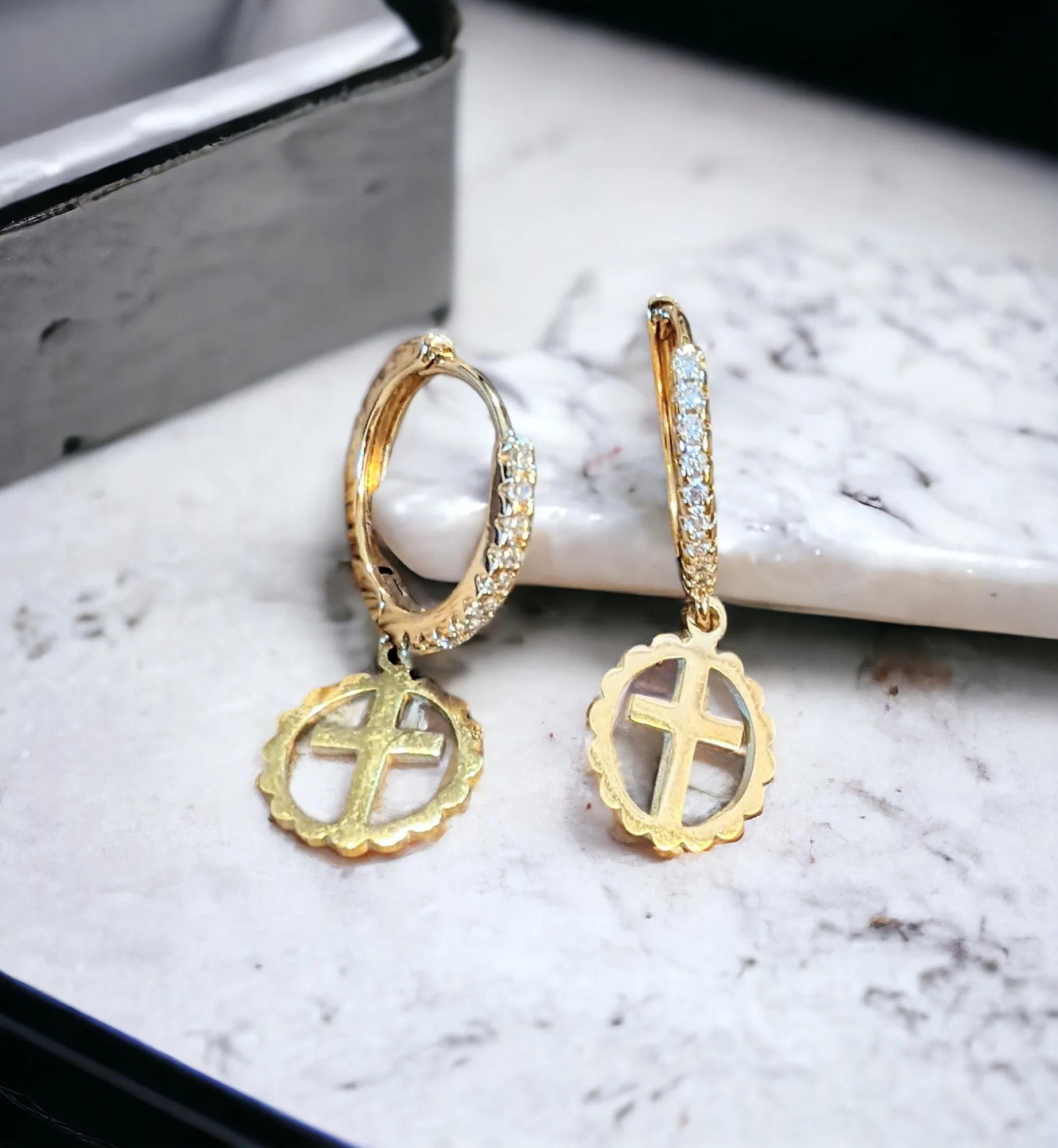Gold Cross Circle CZ Hoop earrings, 18mm Hoop Drop