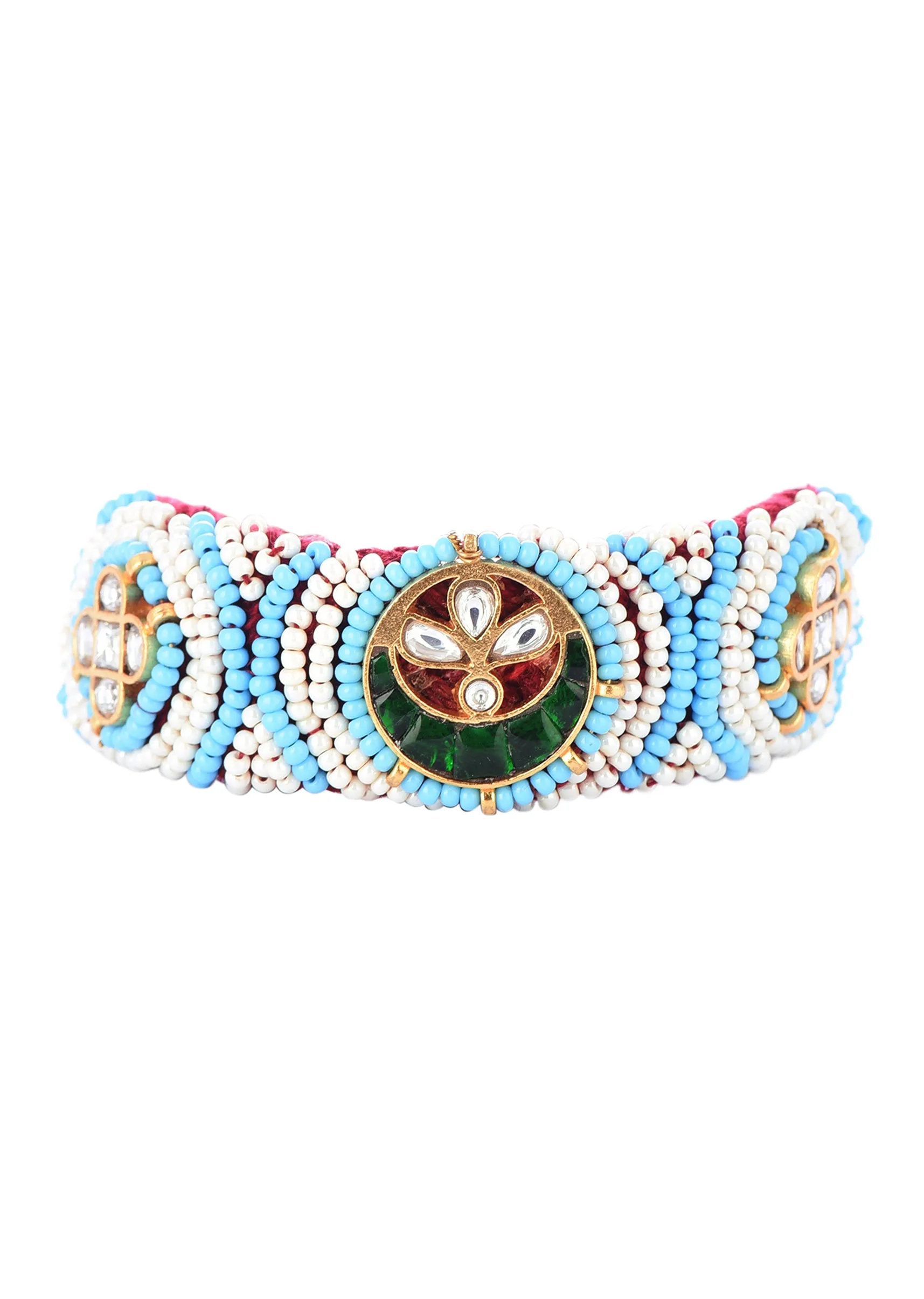 Gold Tone Pachi Kundan Bracelet With Blue Ruby In Mix Metal