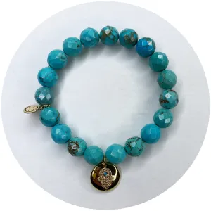 Green Turquoise with Gold Hamsa Disc Pendant
