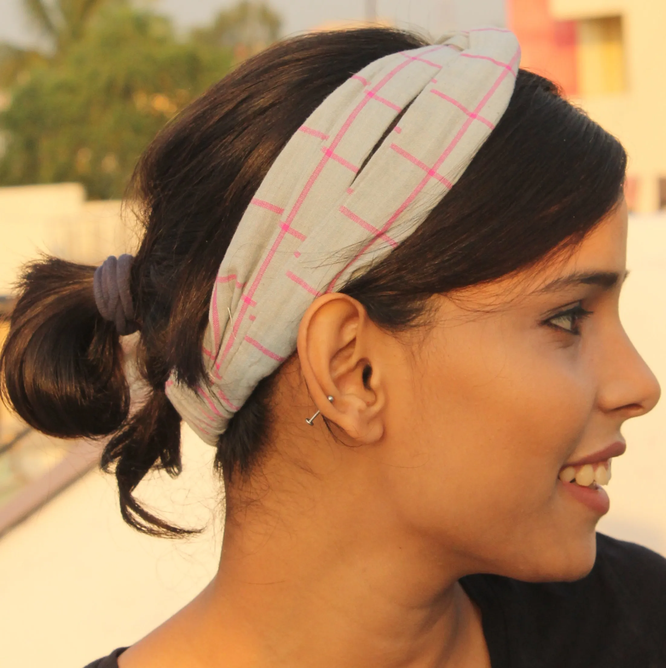 Grey & pink check headband