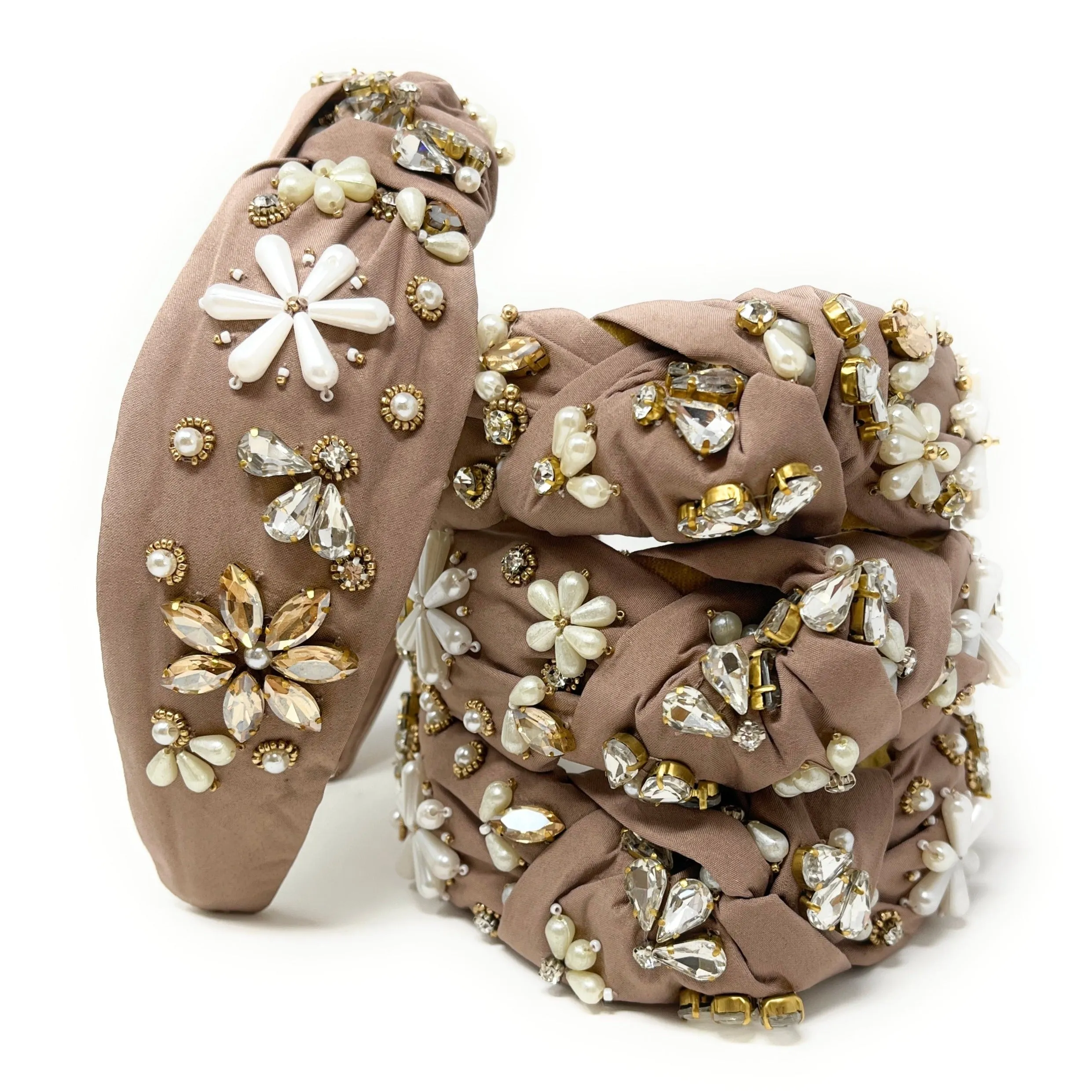 Hand Beaded Neutral Floral Knot Headband