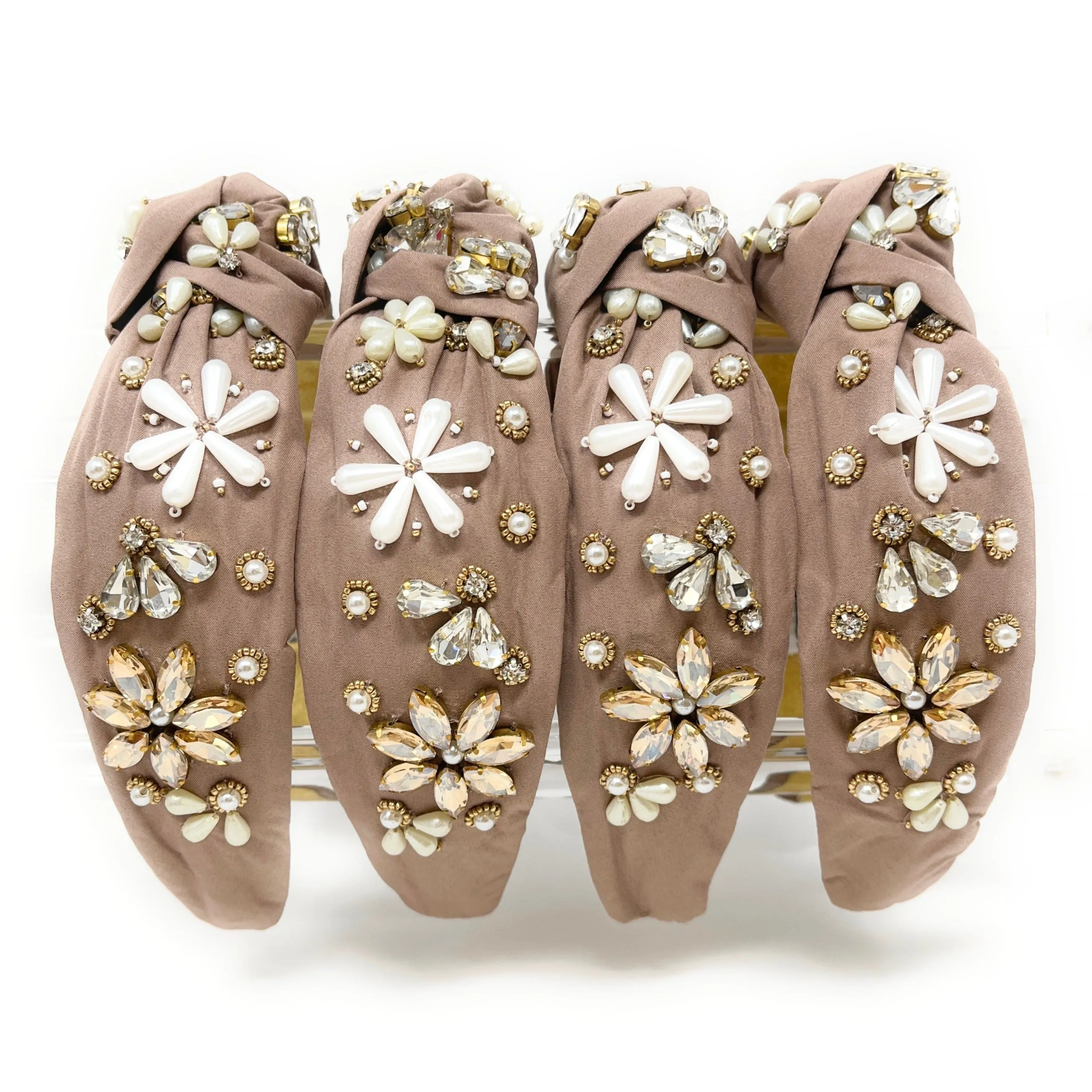 Hand Beaded Neutral Floral Knot Headband