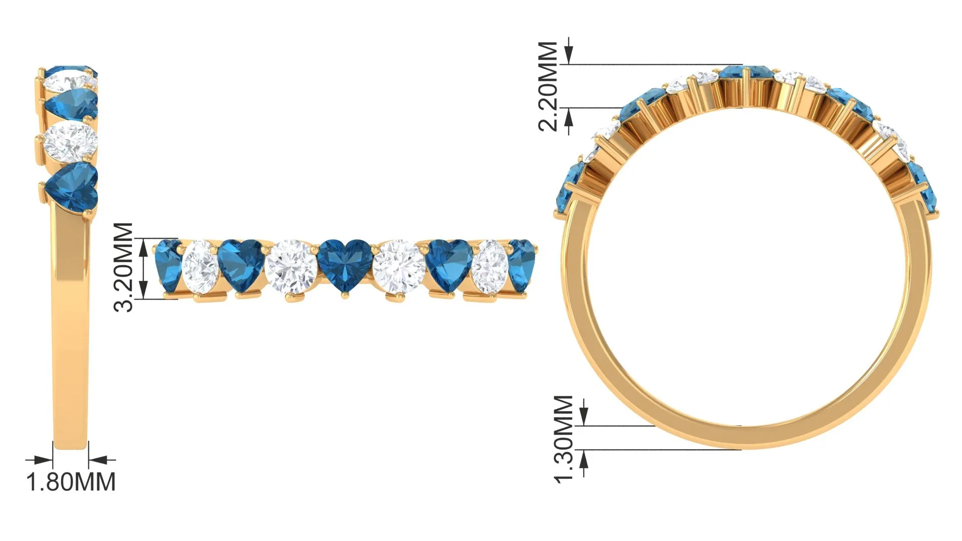 Heart Shape London Blue Topaz and Moissanite Half Eternity Ring