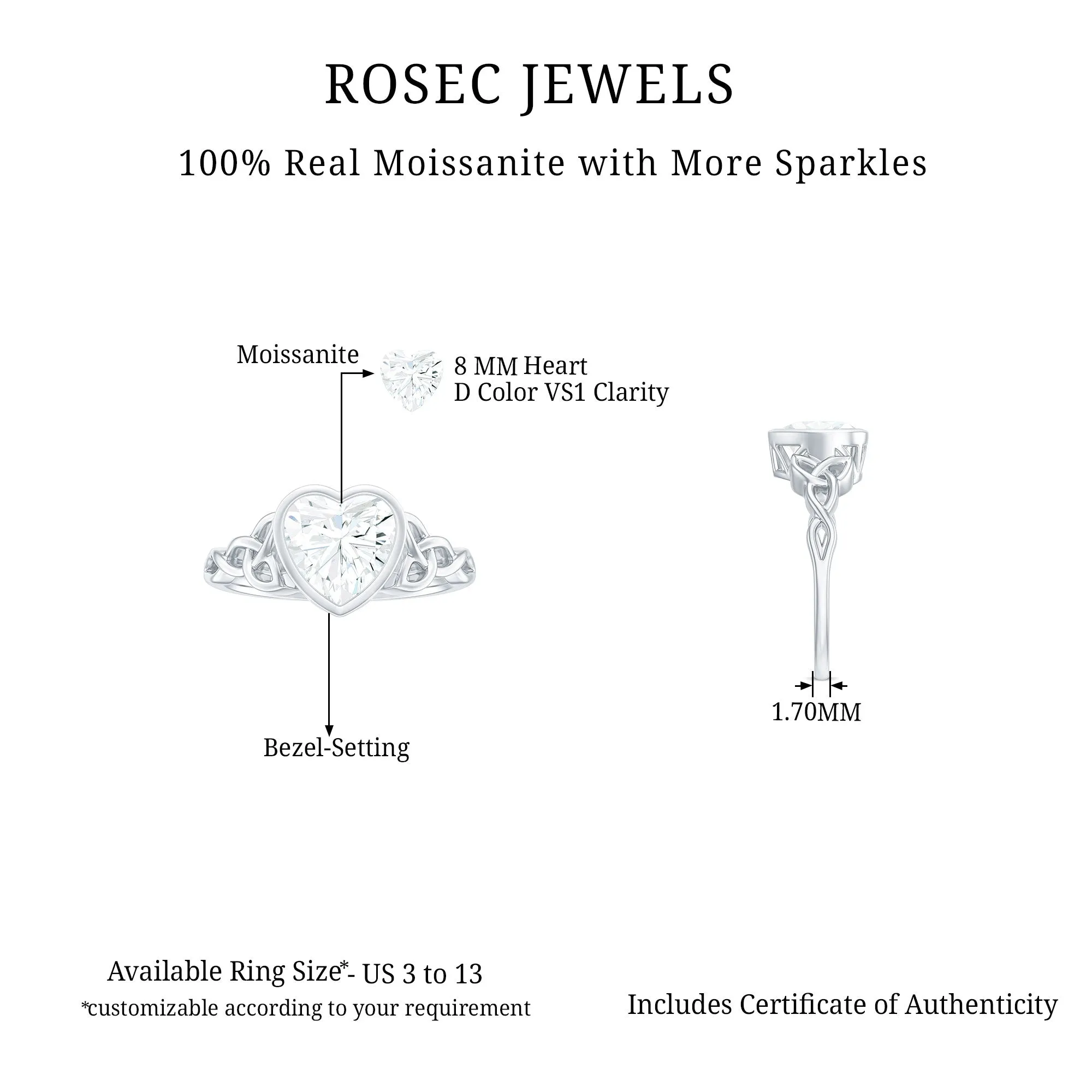 Heart Shape Moissanite Solitaire Celtic Knot Ring in Bezel Setting