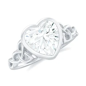 Heart Shape Moissanite Solitaire Celtic Knot Ring in Bezel Setting