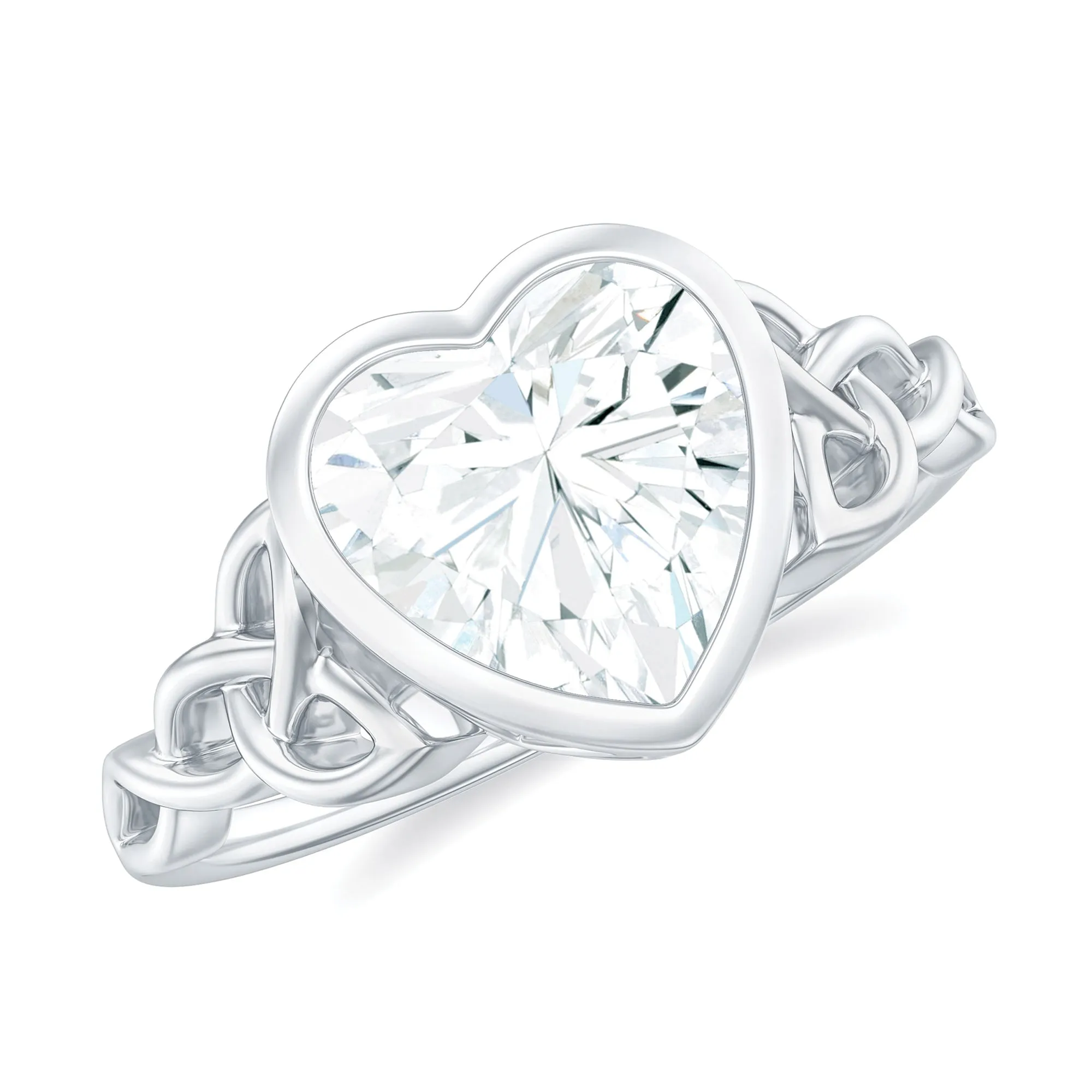 Heart Shape Moissanite Solitaire Celtic Knot Ring in Bezel Setting