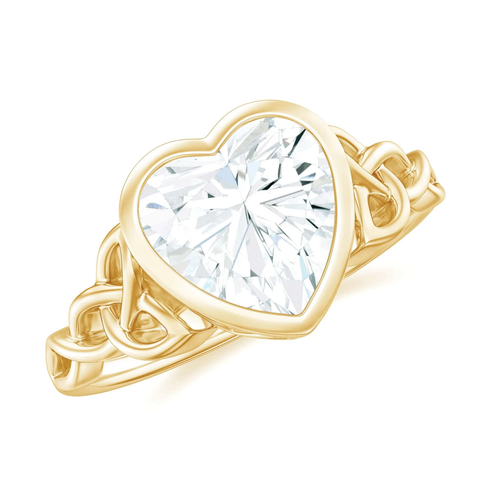 Heart Shape Moissanite Solitaire Celtic Knot Ring in Bezel Setting