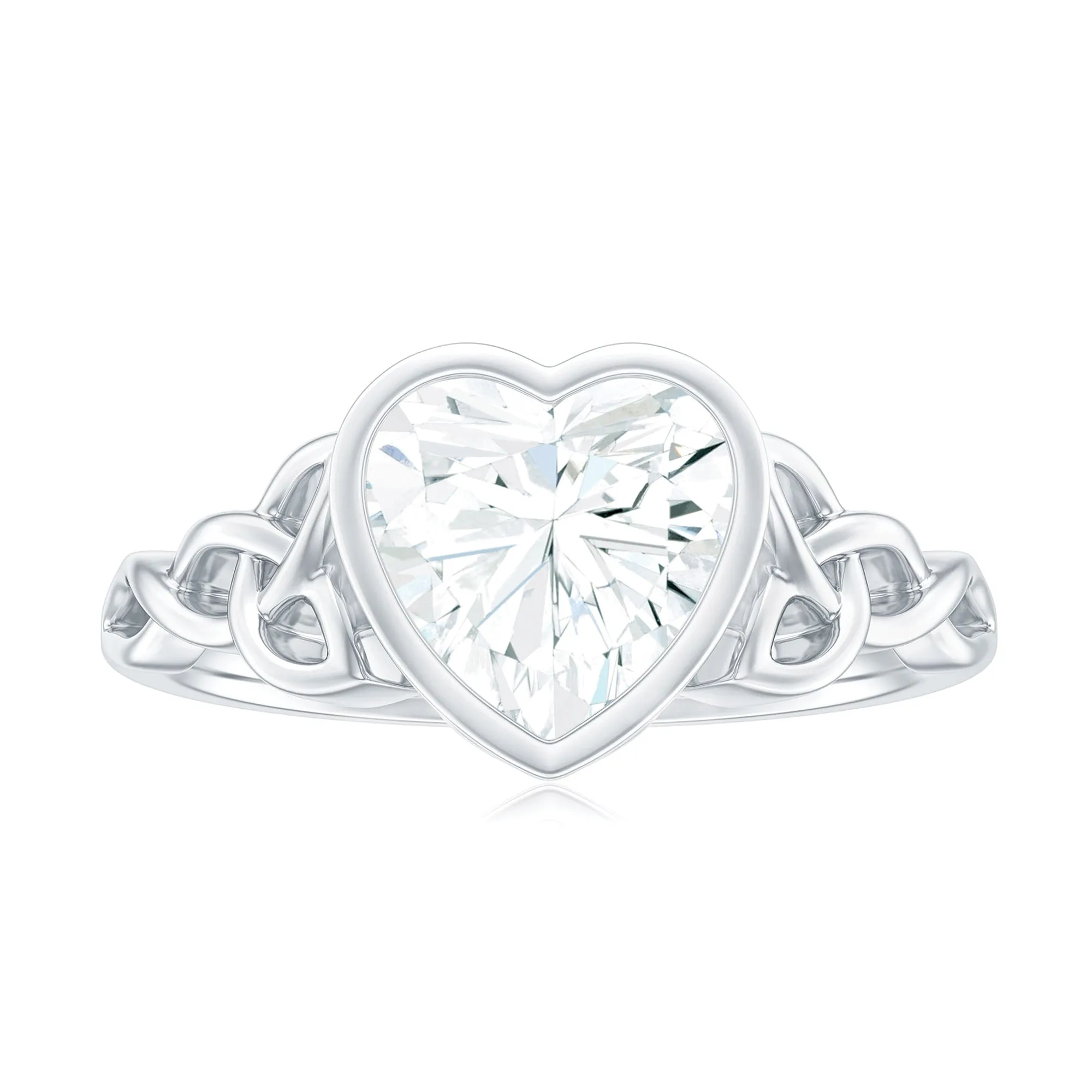 Heart Shape Moissanite Solitaire Celtic Knot Ring in Bezel Setting