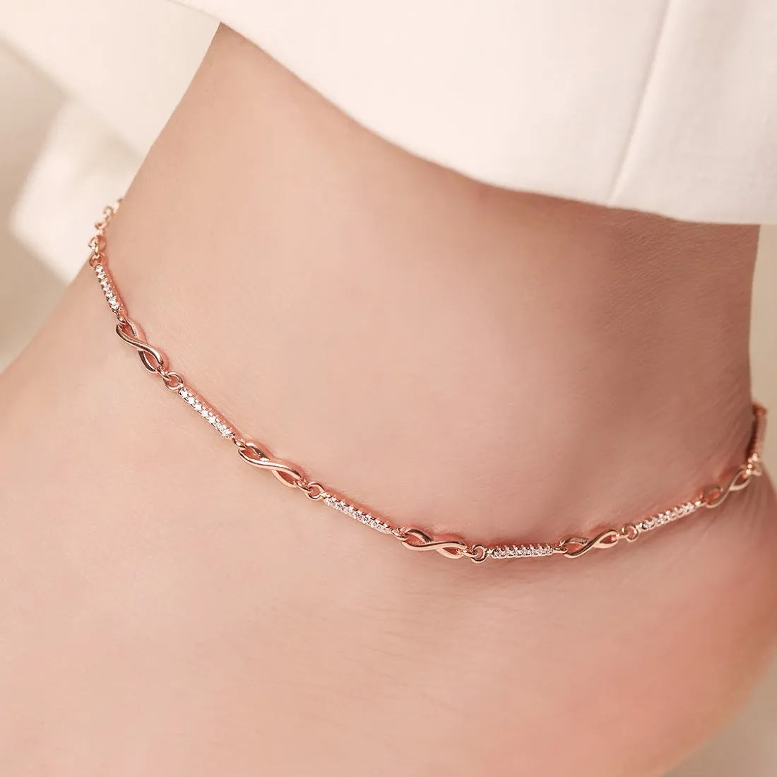 Infinity Cubic Zirconia Rose Gold Plated 925 Sterling Silver Anklet