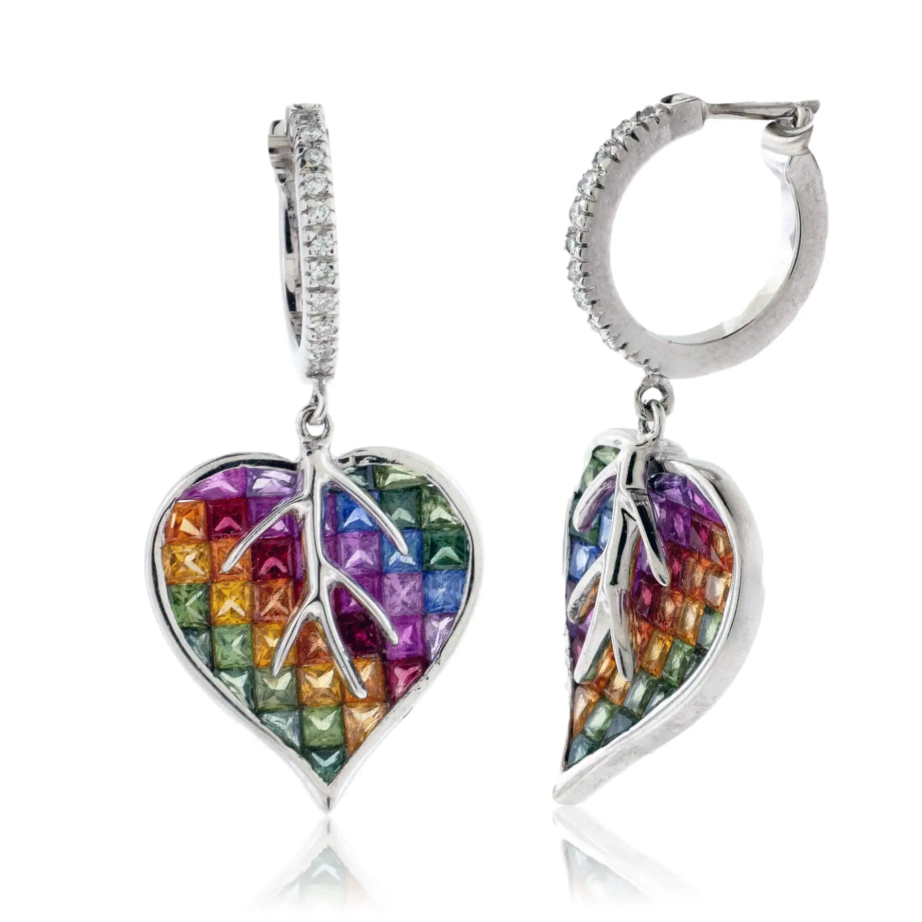 Invisible Set Rainbow Sapphire & Diamond Heart / Leaf Earrings