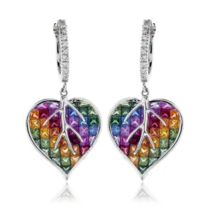 Invisible Set Rainbow Sapphire & Diamond Heart / Leaf Earrings