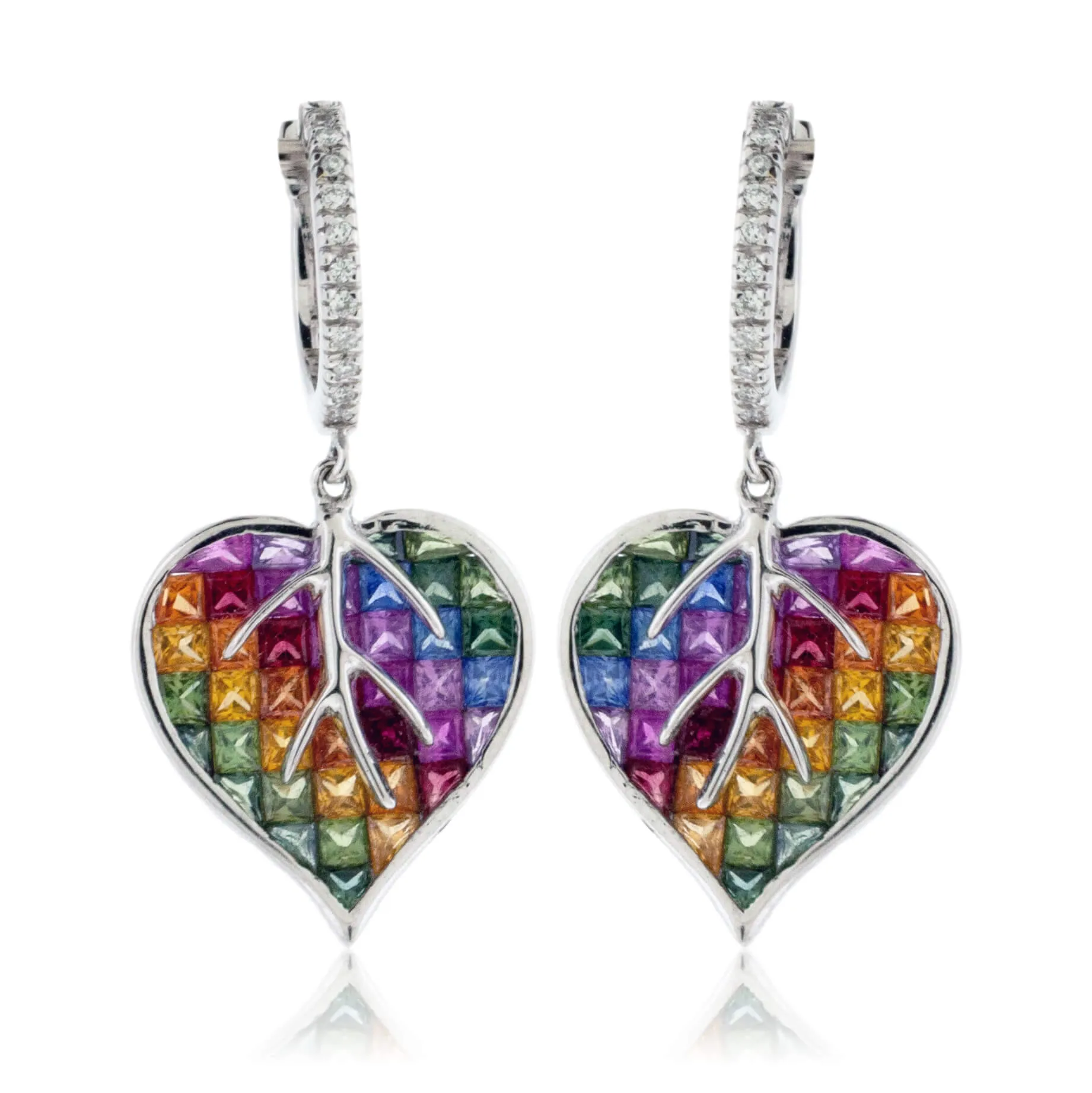 Invisible Set Rainbow Sapphire & Diamond Heart / Leaf Earrings