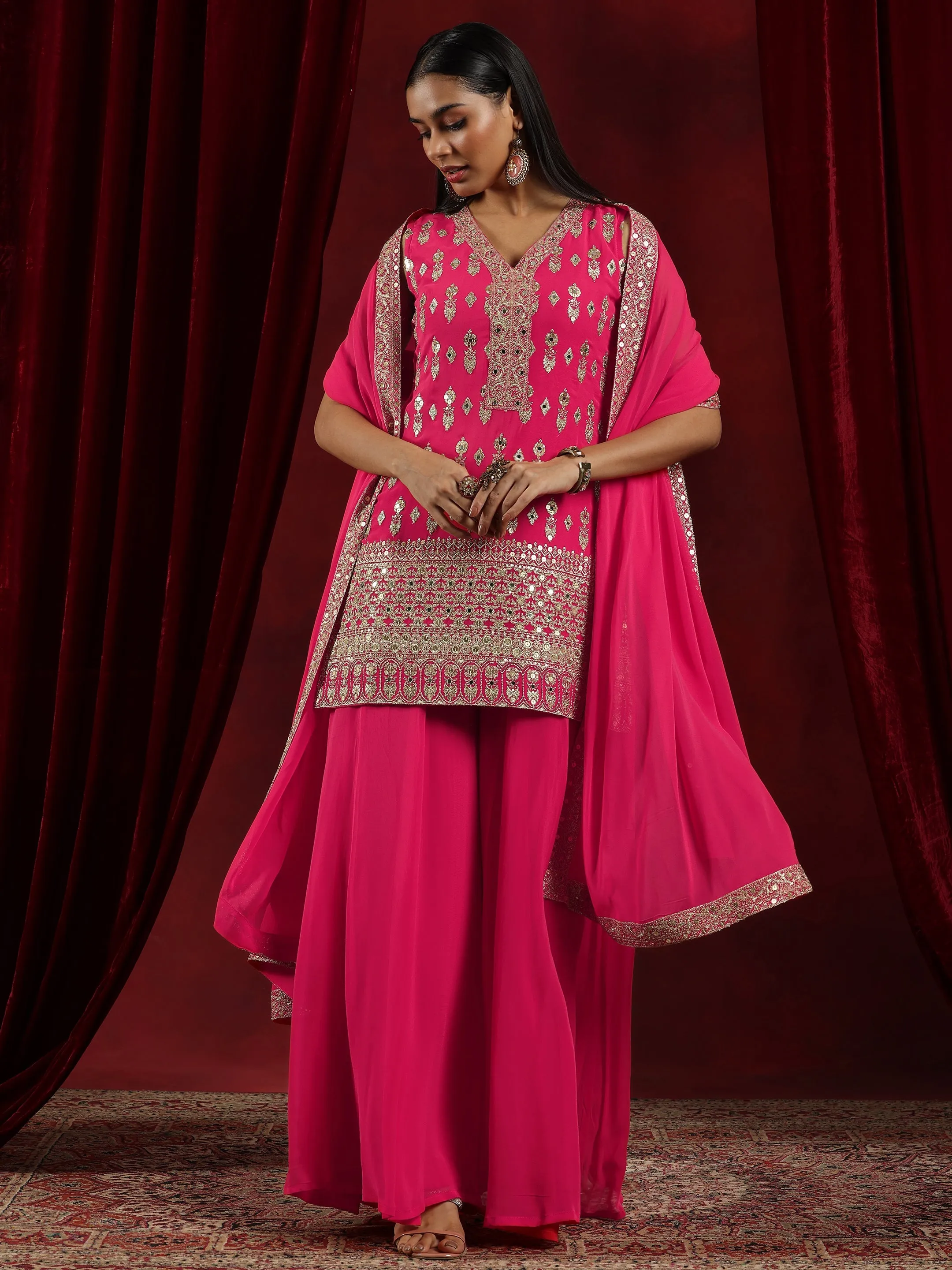Jashvi Art Coral Embroidered Georgette Straight Suit With Dupatta