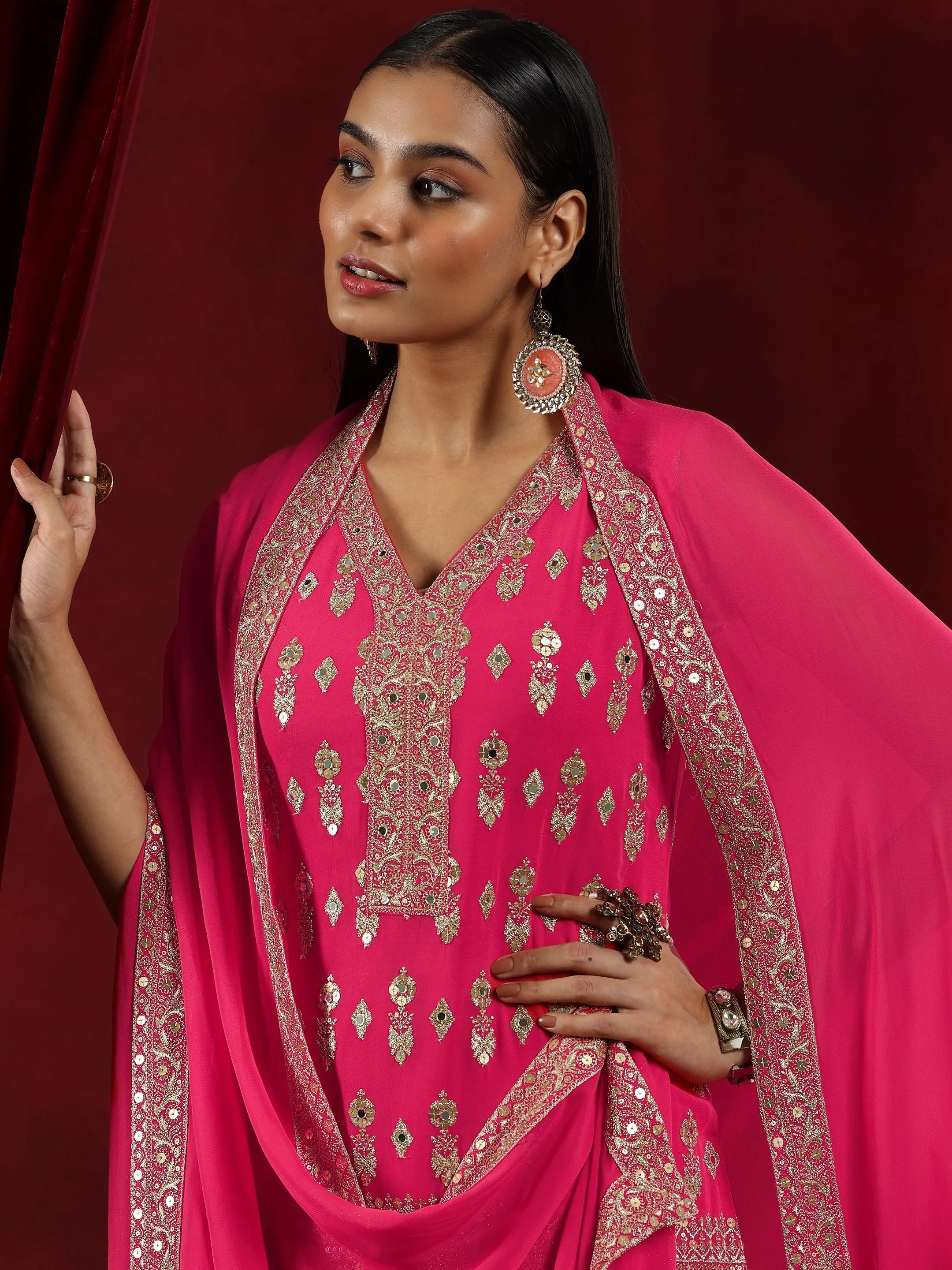 Jashvi Art Coral Embroidered Georgette Straight Suit With Dupatta