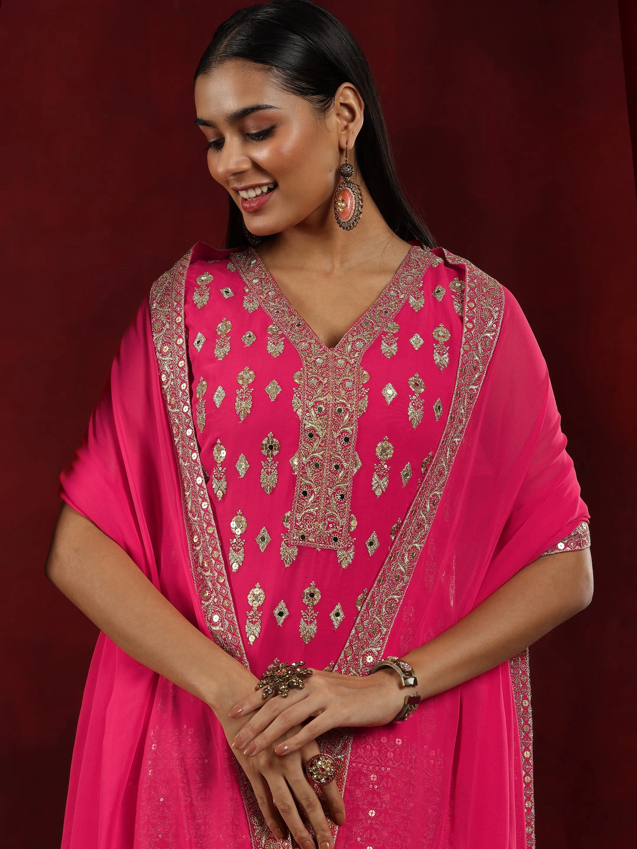 Jashvi Art Coral Embroidered Georgette Straight Suit With Dupatta