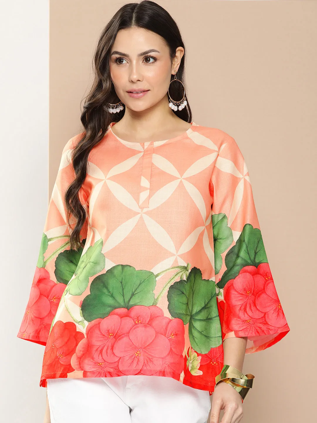 Jashvi Coral Flowal Prined Straight Top