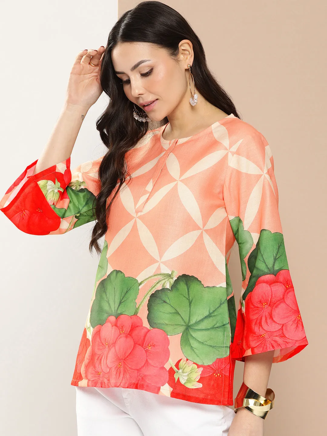Jashvi Coral Flowal Prined Straight Top
