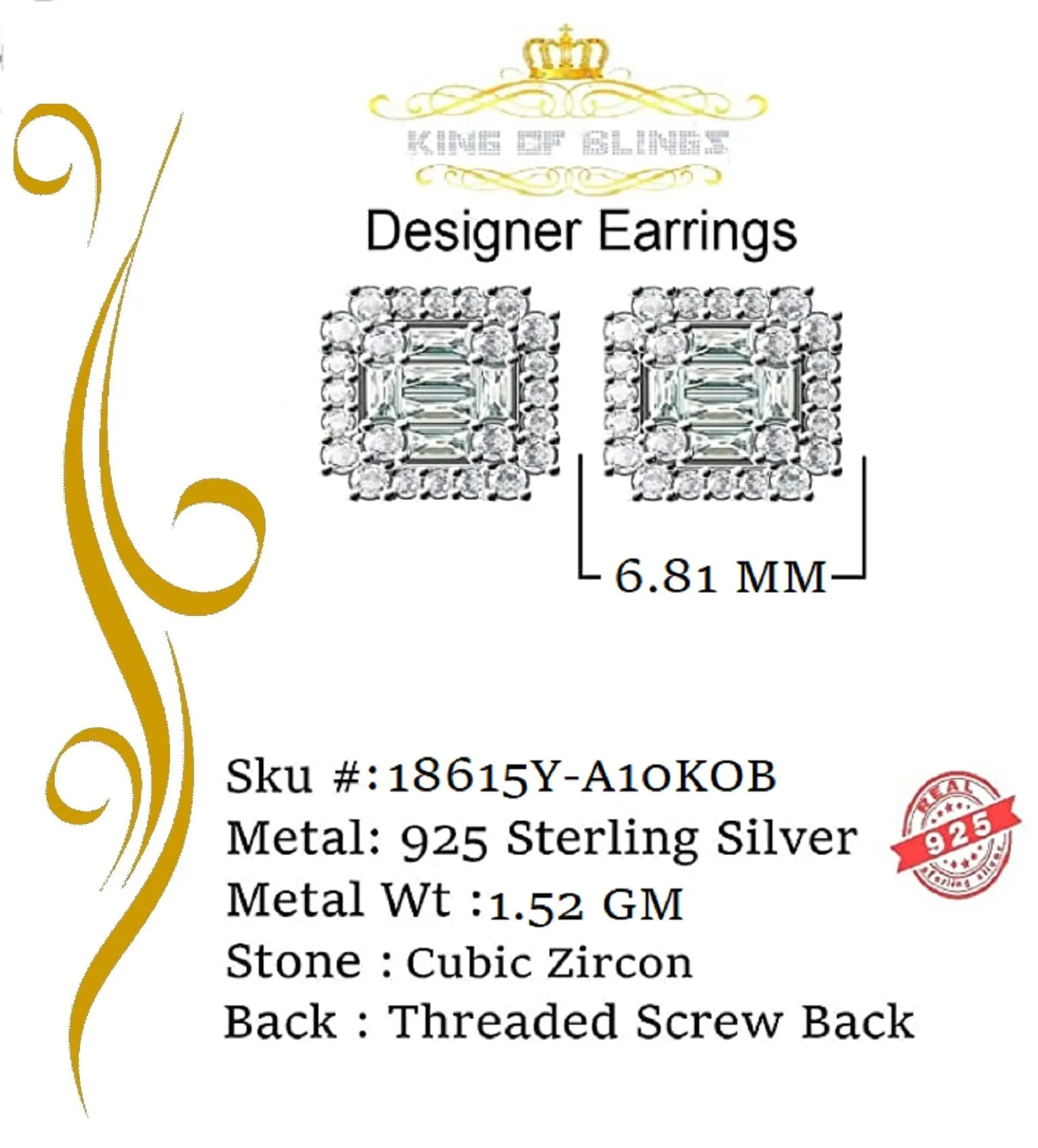 King of Bling's Mens 1.26ct Square Yellow 925 Sterling Silver ScrewBack Hip Hop CZ Stud Earring