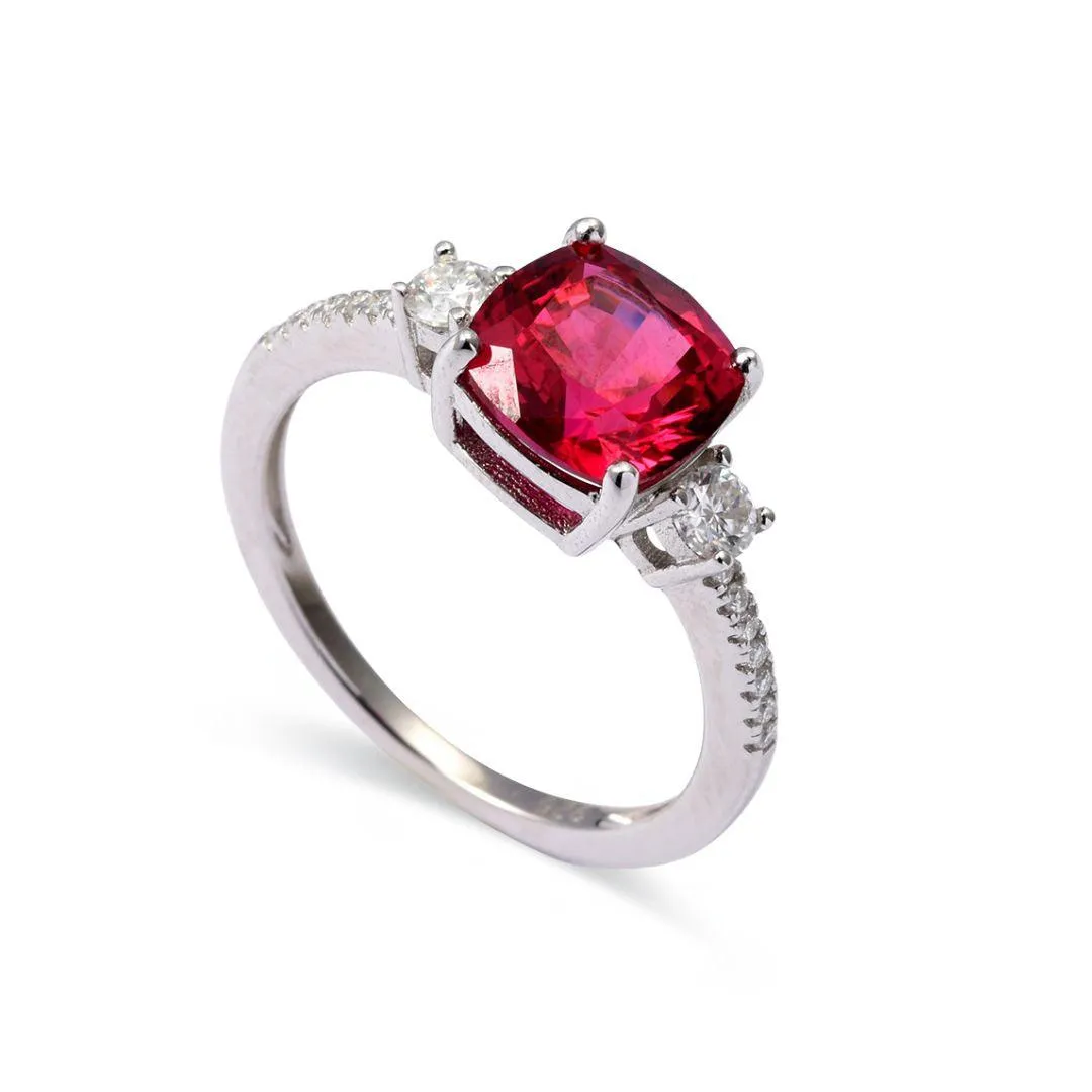 Lab Grown Ruby Cushion Three Stone Ring