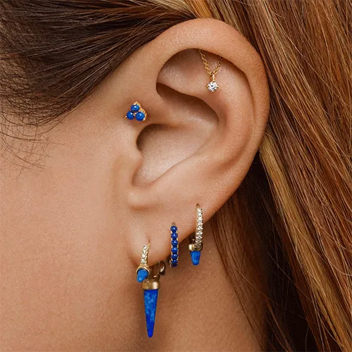 Lapis Triple Long Spike Diamond Eternity Hoop Earring by Maria Tash in White Gold