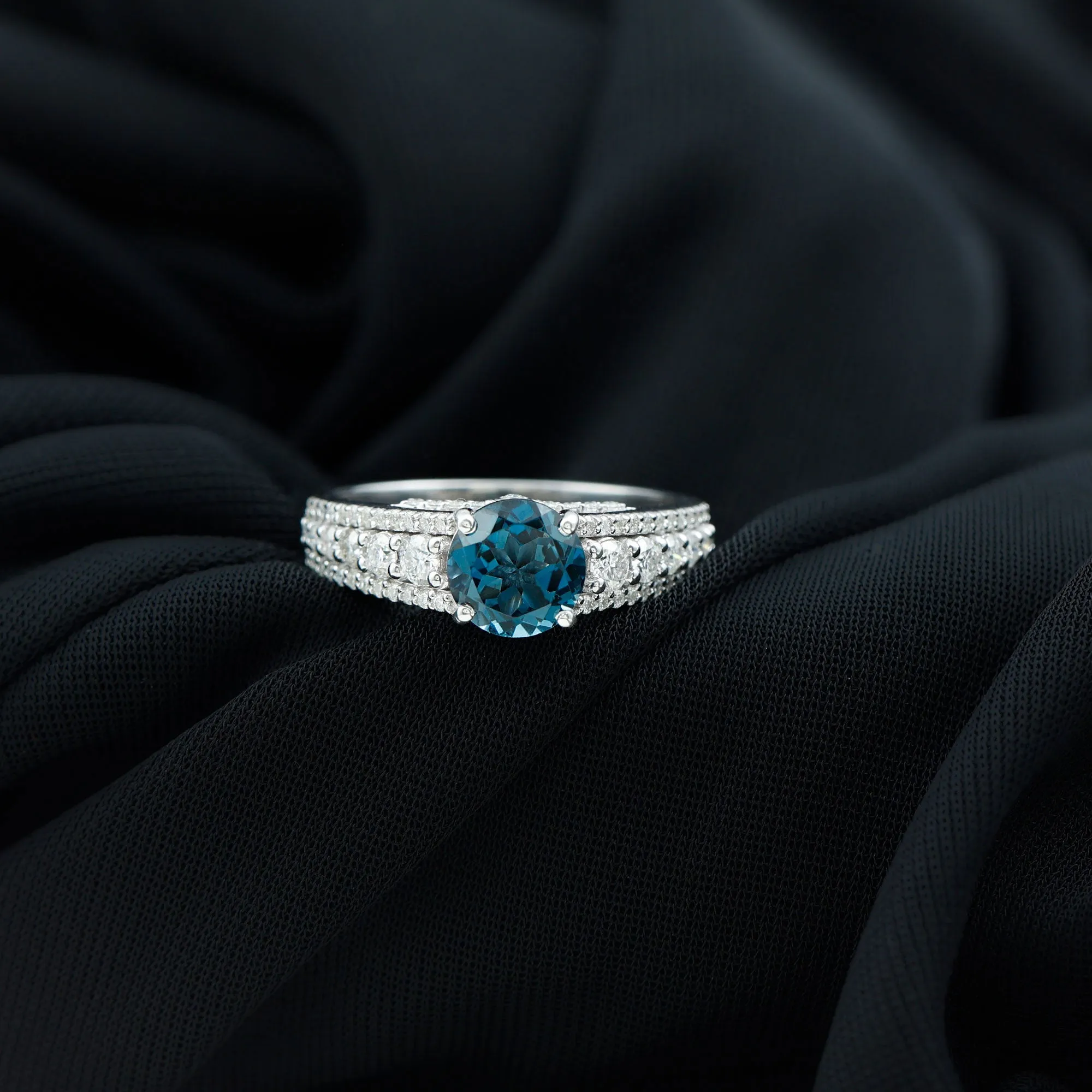 London Blue Topaz and Moissanite Statement Engagement Ring