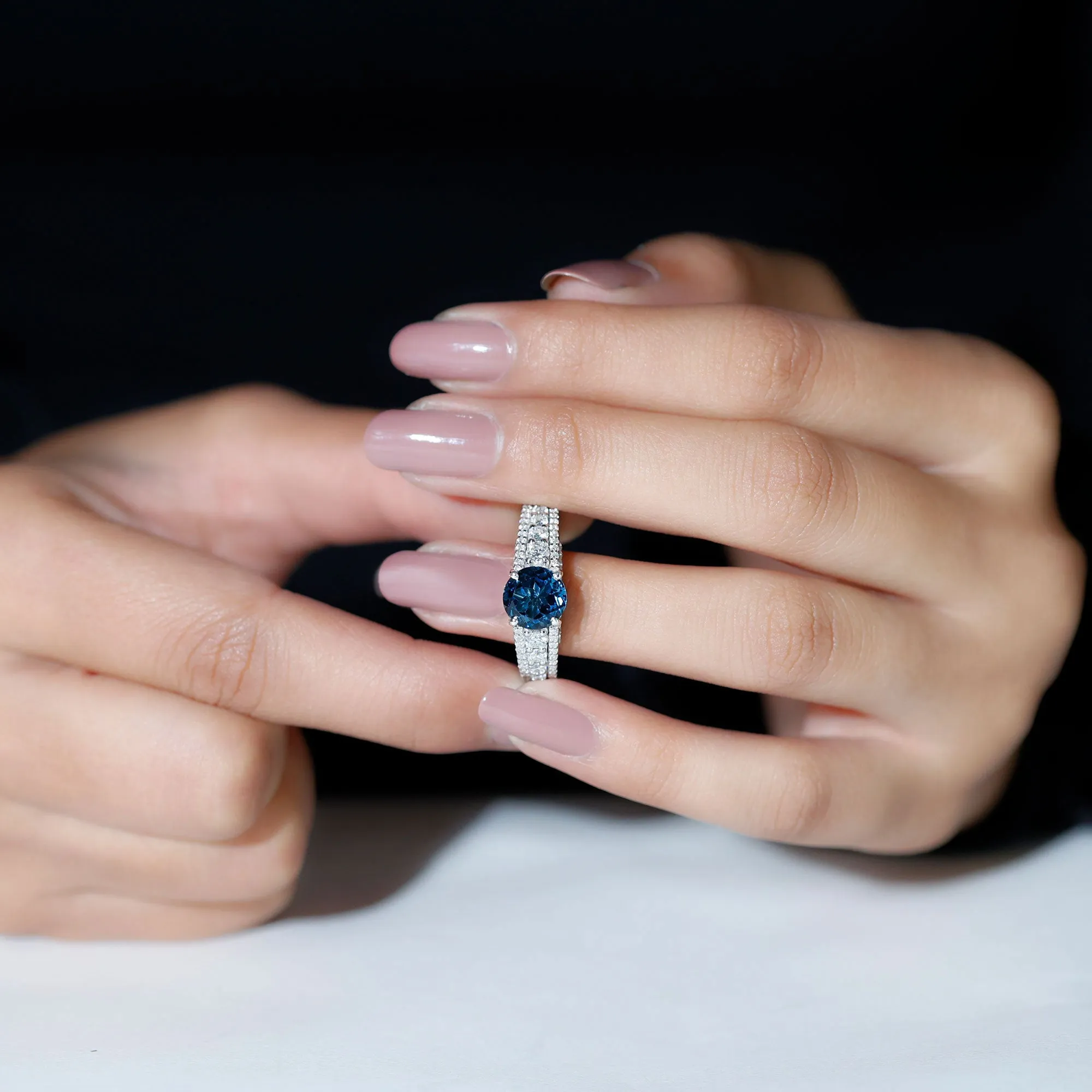 London Blue Topaz and Moissanite Statement Engagement Ring
