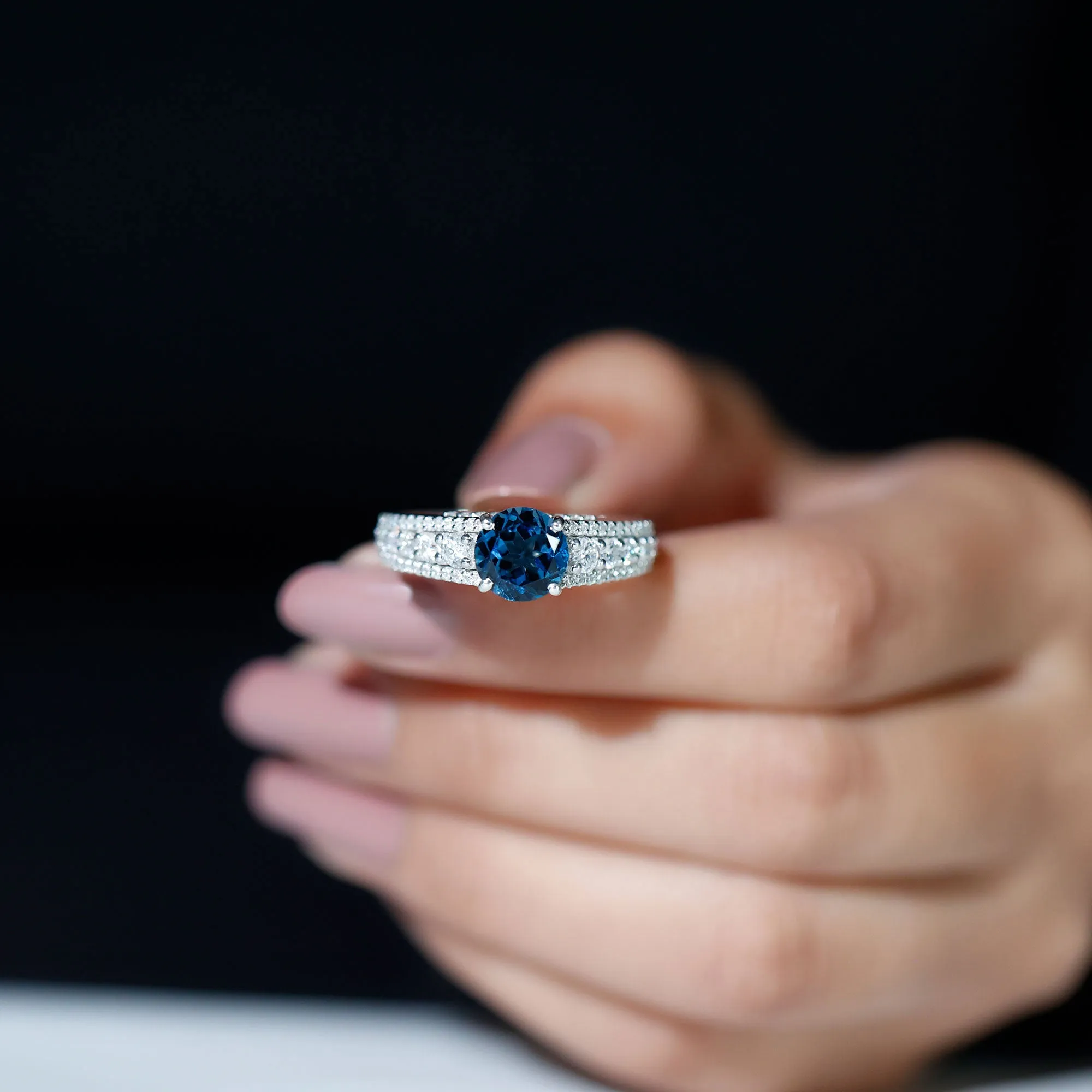 London Blue Topaz and Moissanite Statement Engagement Ring