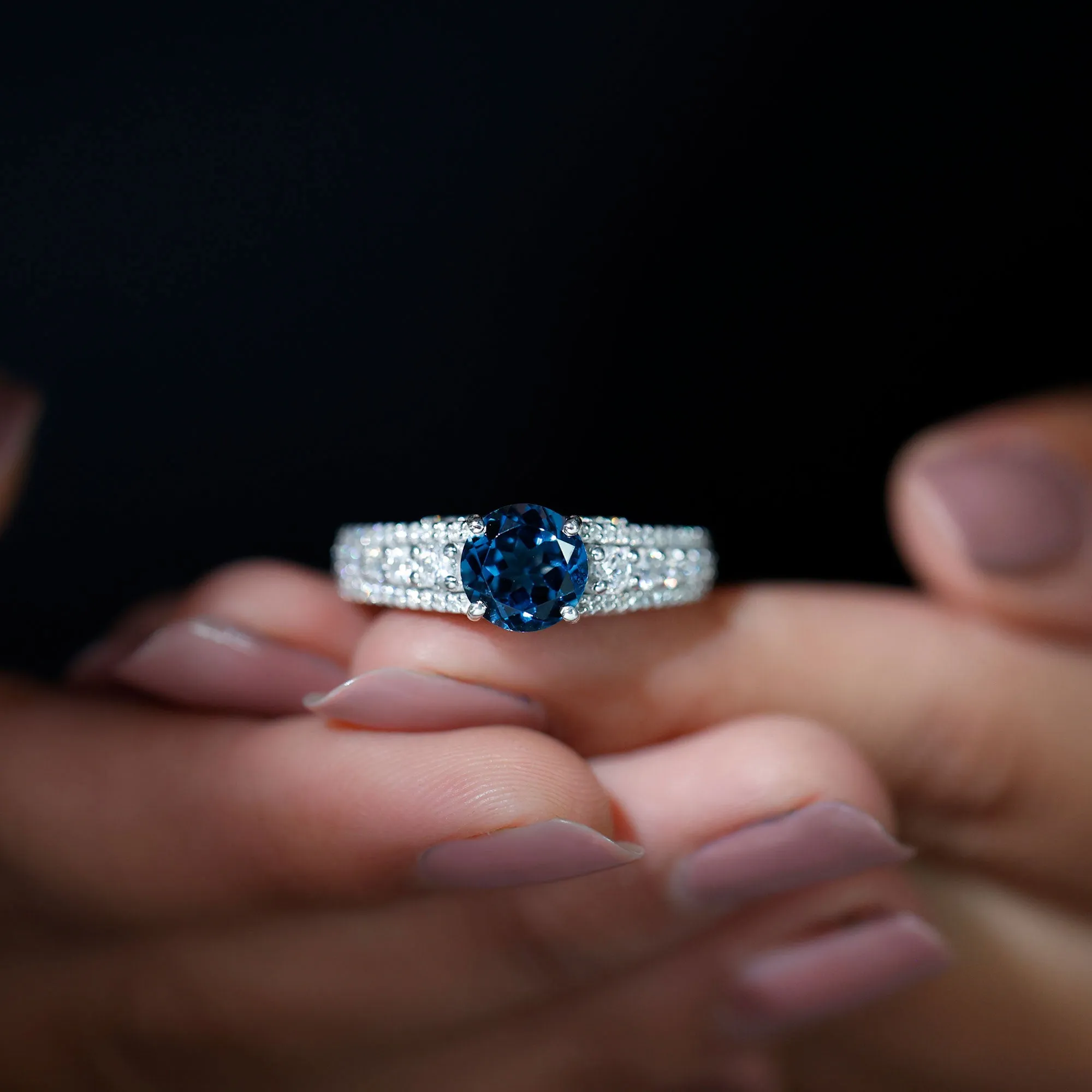 London Blue Topaz and Moissanite Statement Engagement Ring