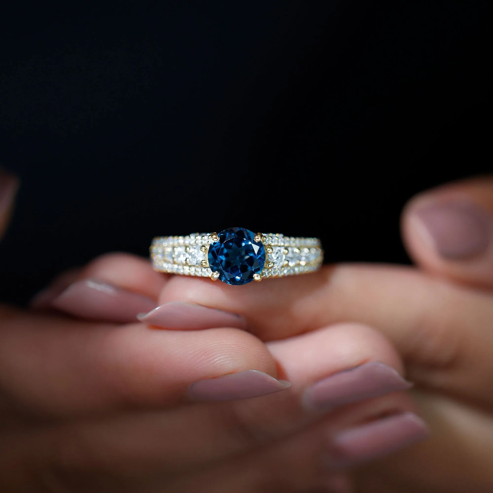 London Blue Topaz and Moissanite Statement Engagement Ring