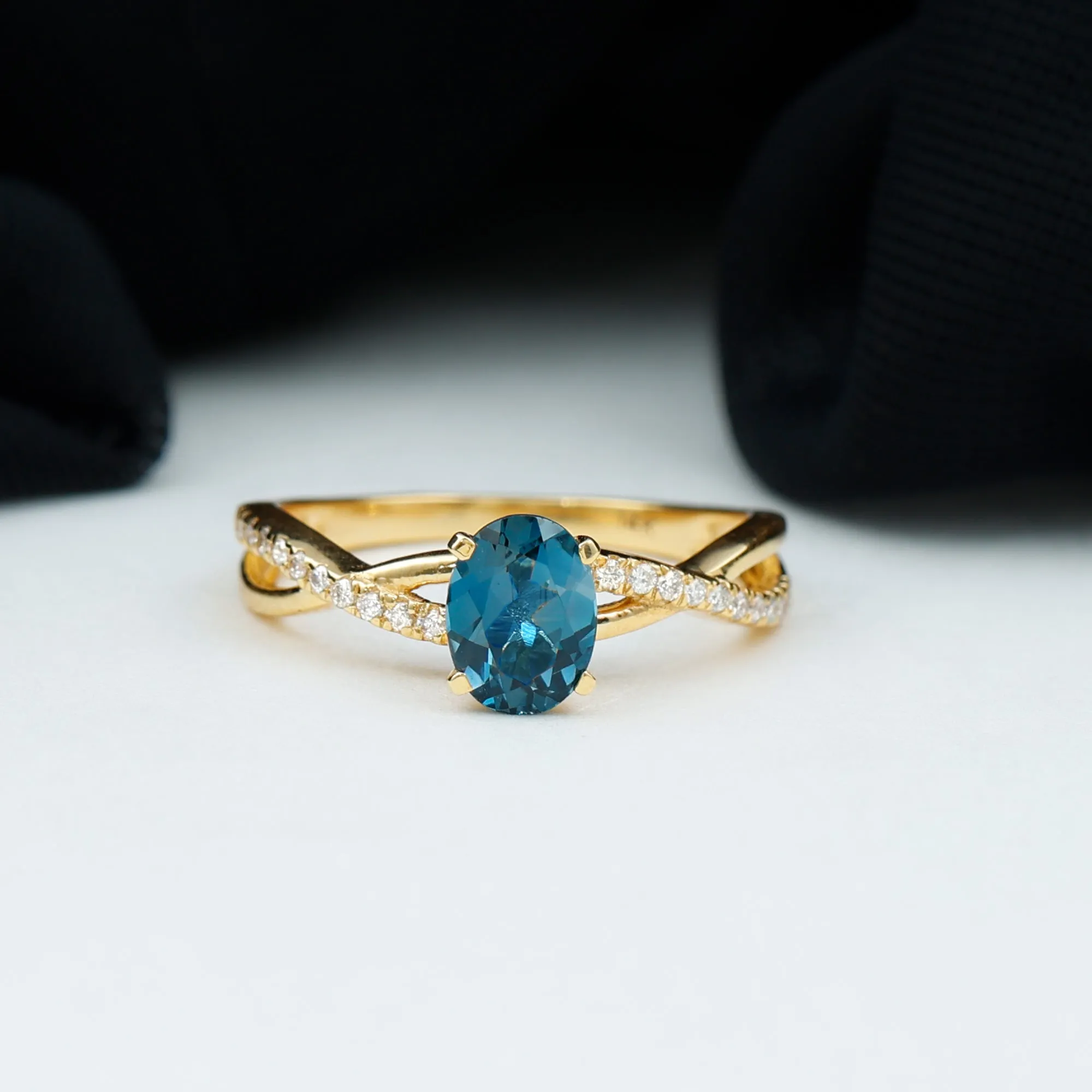 London Blue Topaz Crossover Engagement Ring with Diamond Side Stone