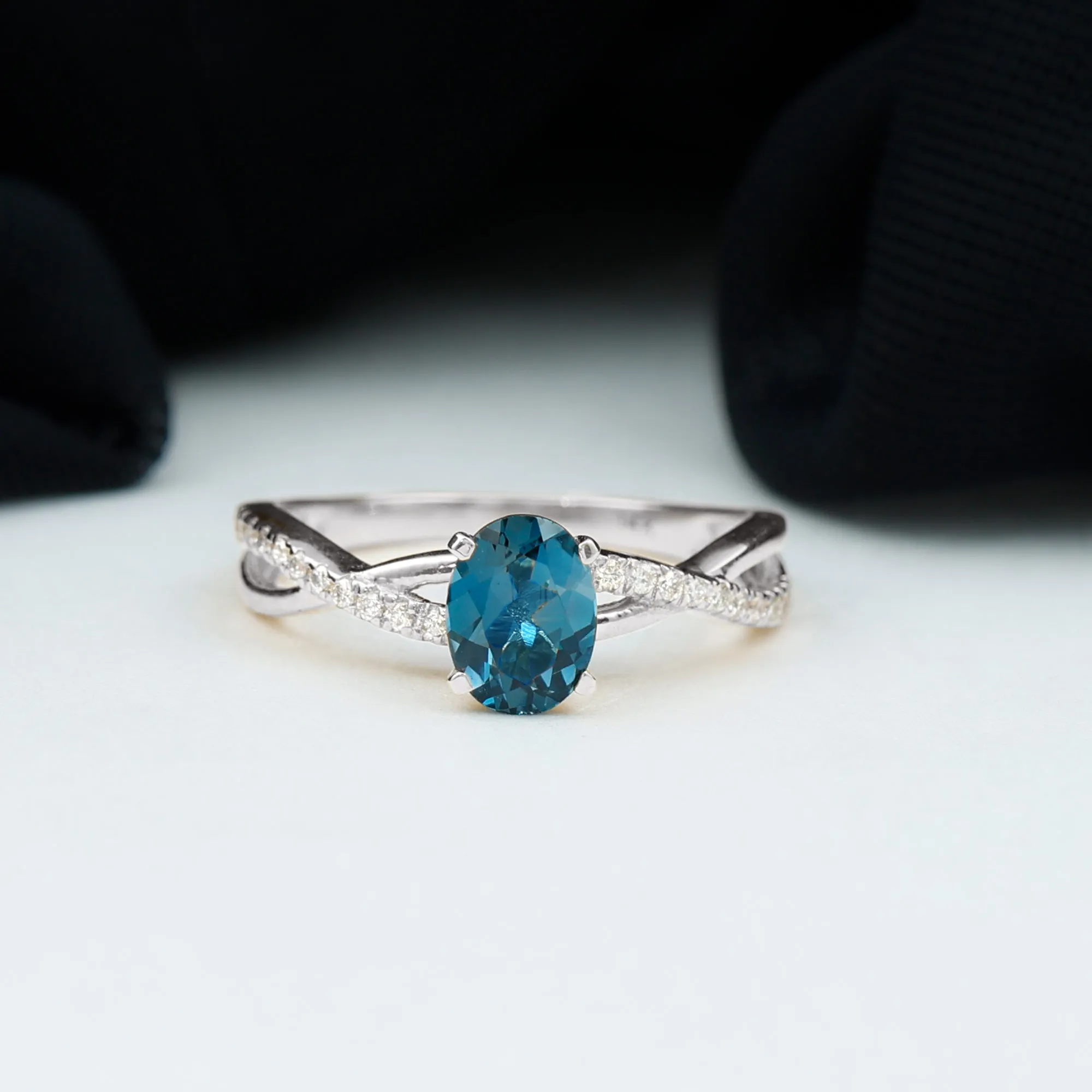 London Blue Topaz Crossover Engagement Ring with Diamond Side Stone