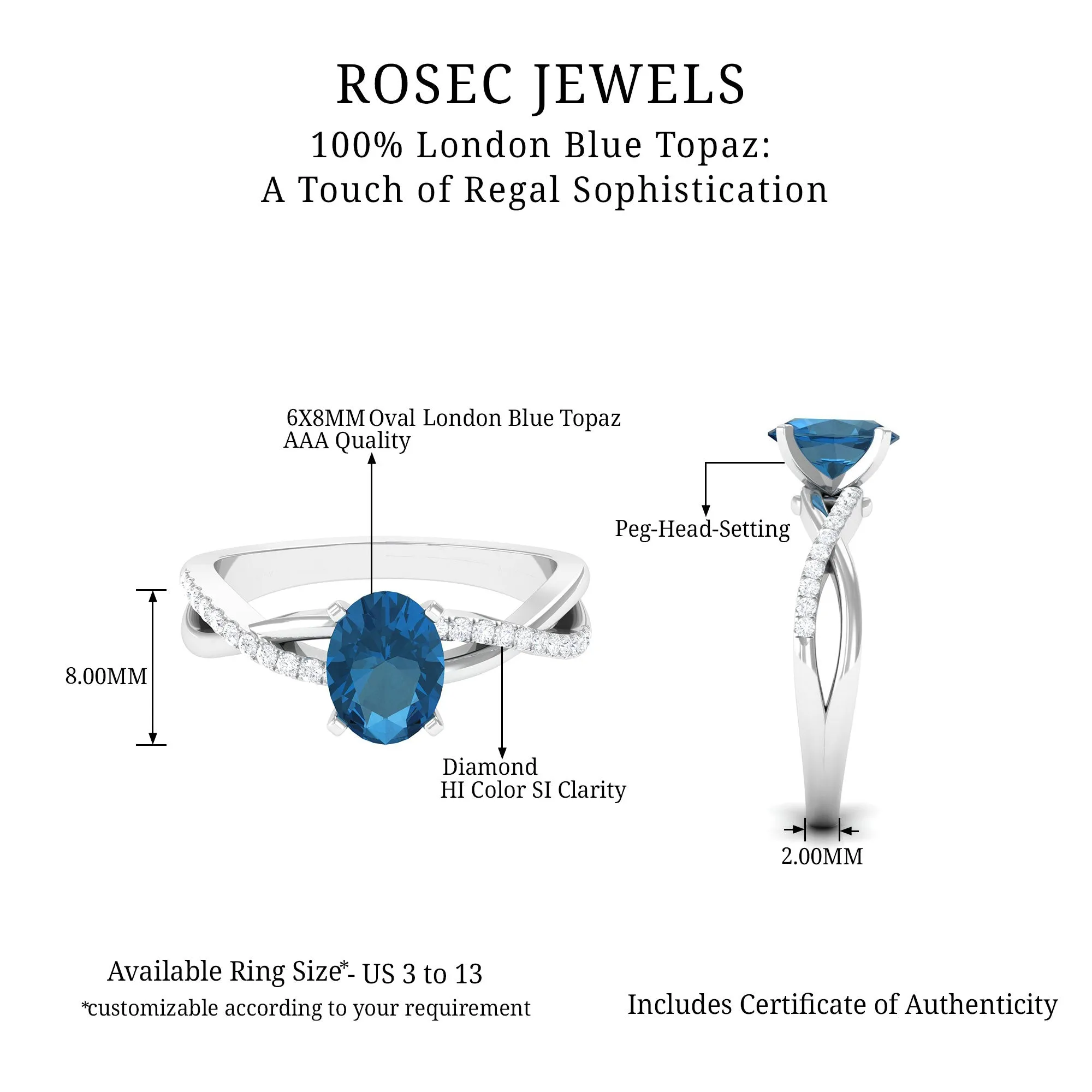 London Blue Topaz Crossover Engagement Ring with Diamond Side Stone