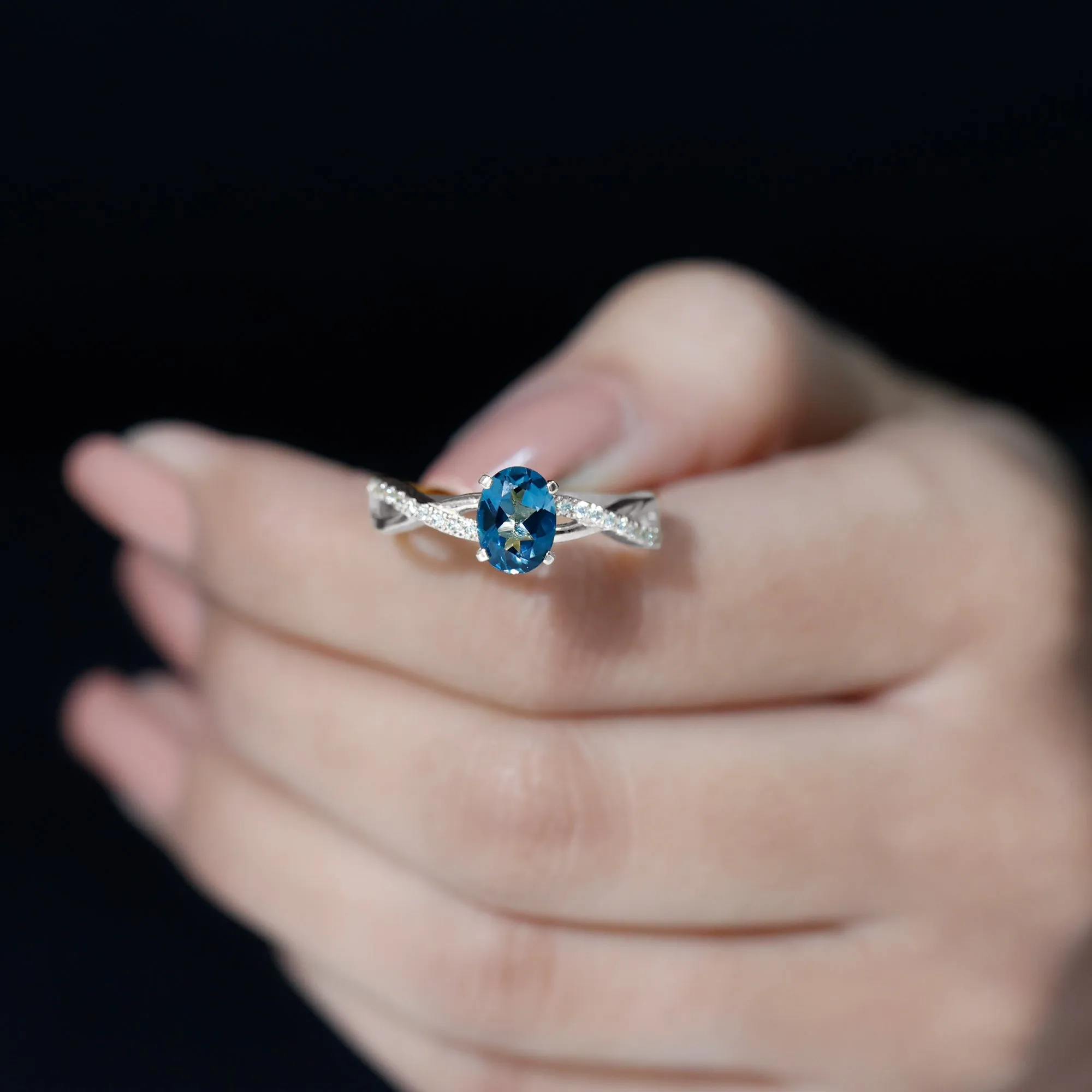 London Blue Topaz Crossover Engagement Ring with Diamond Side Stone