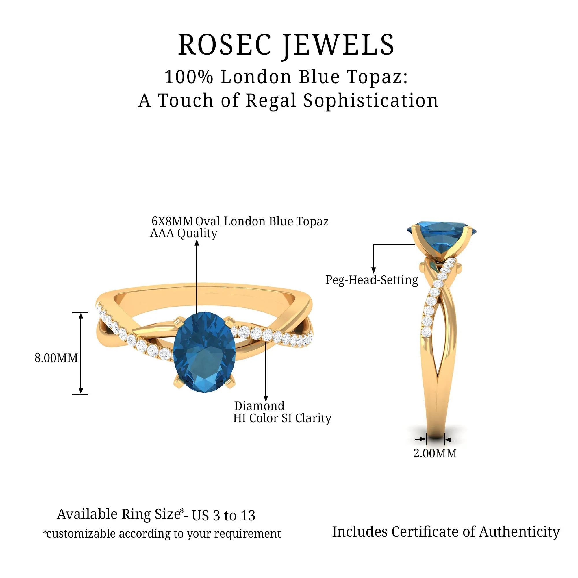 London Blue Topaz Crossover Engagement Ring with Diamond Side Stone