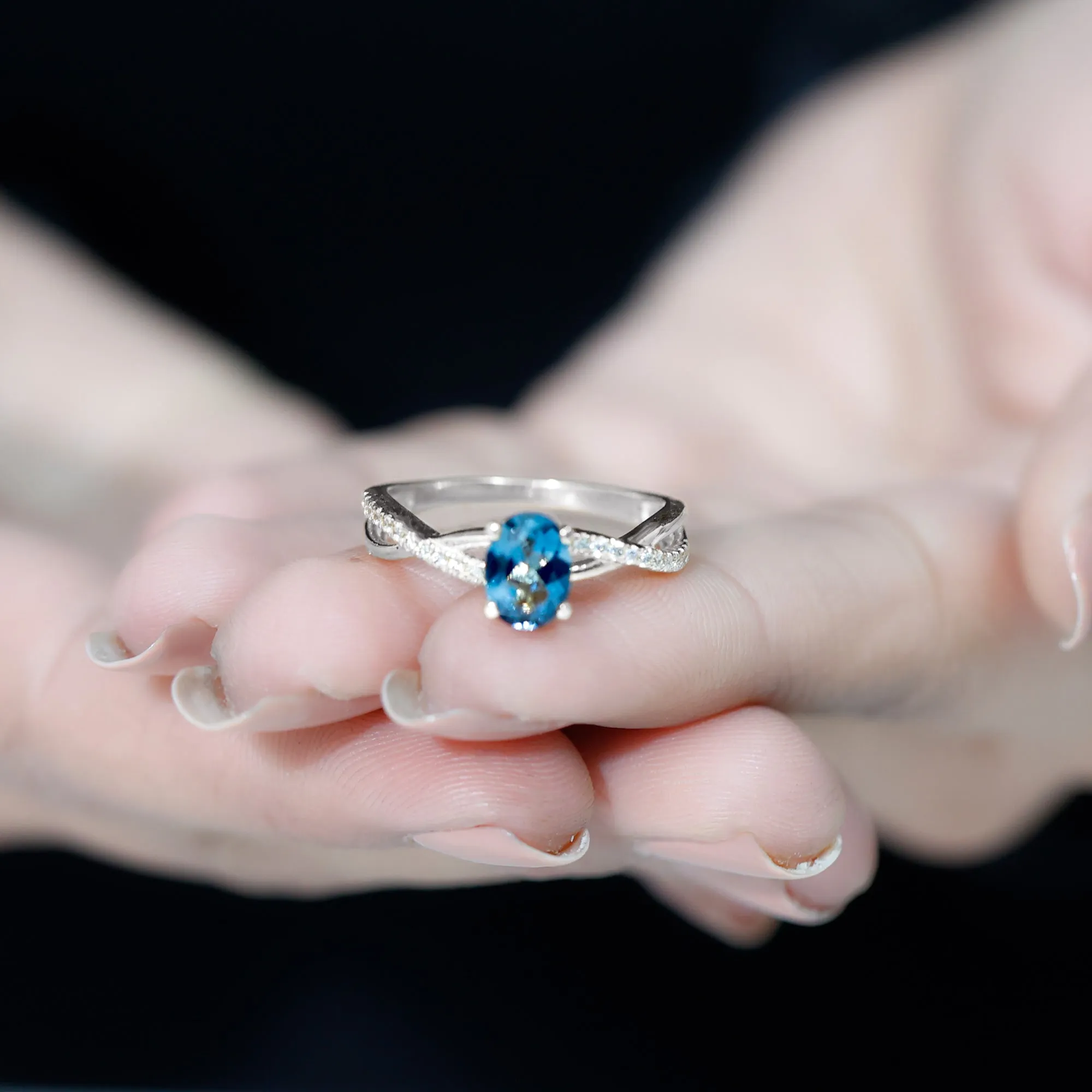 London Blue Topaz Crossover Engagement Ring with Diamond Side Stone