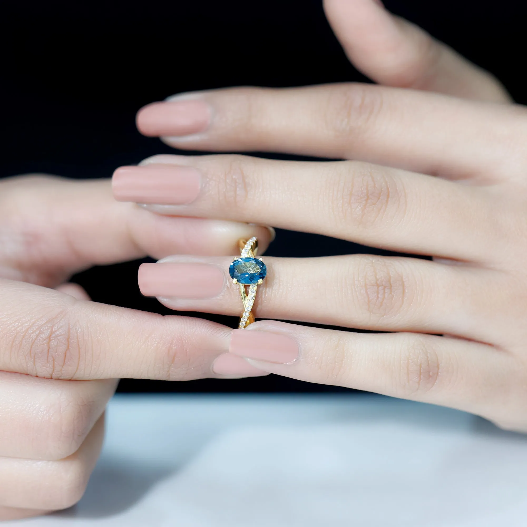 London Blue Topaz Crossover Engagement Ring with Diamond Side Stone