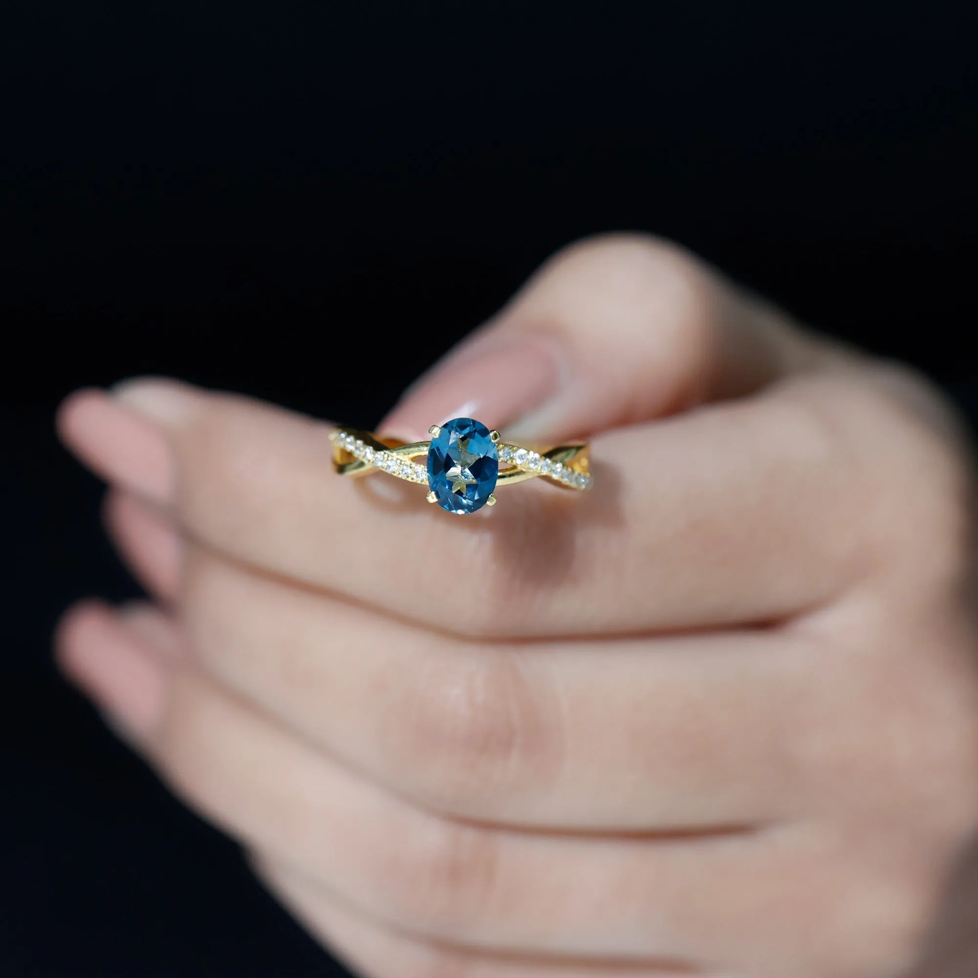 London Blue Topaz Crossover Engagement Ring with Diamond Side Stone