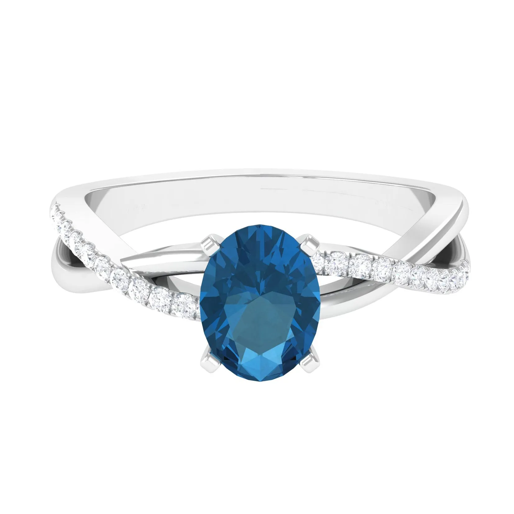 London Blue Topaz Crossover Engagement Ring with Diamond Side Stone