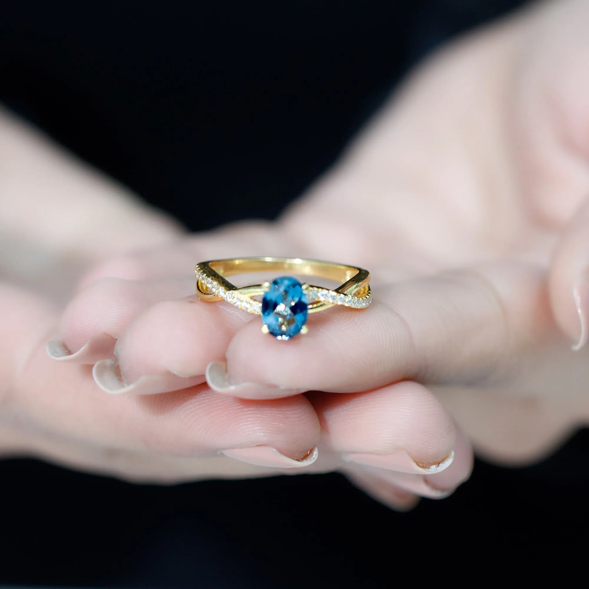 London Blue Topaz Crossover Engagement Ring with Diamond Side Stone