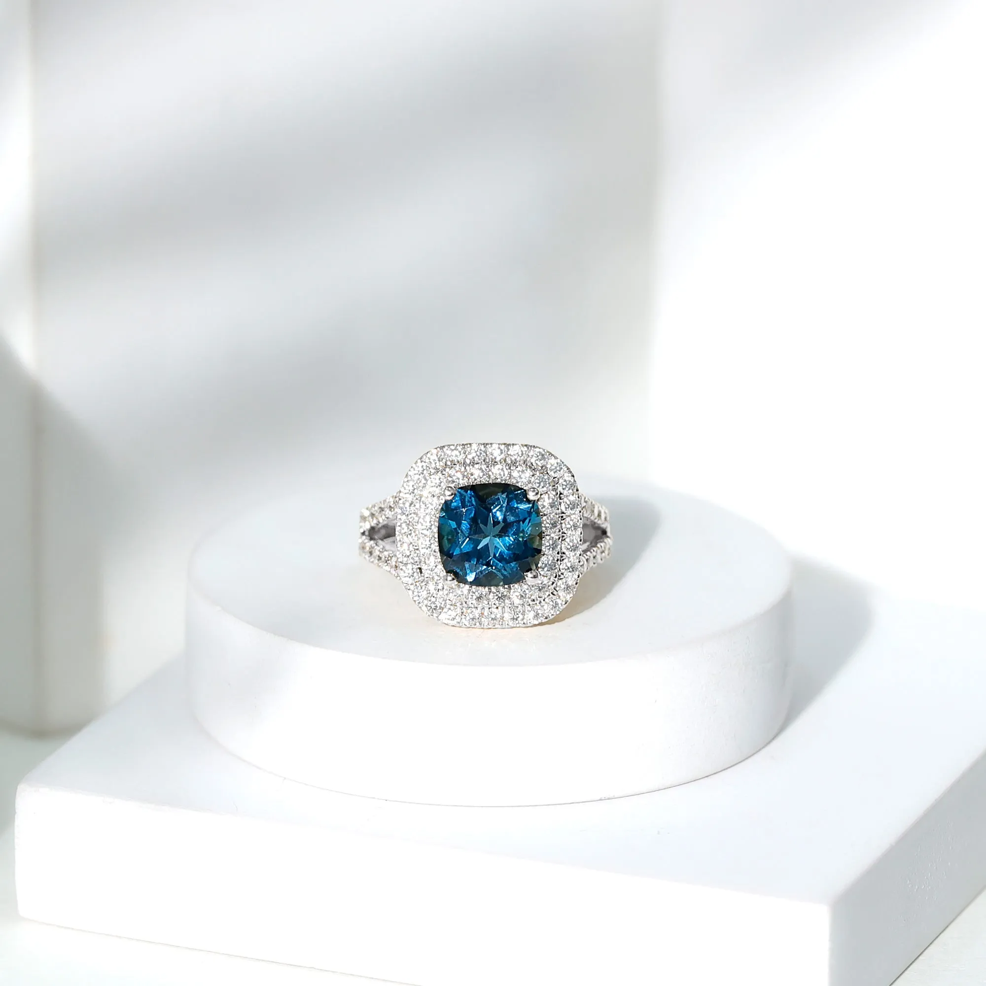 London Blue Topaz Double Halo Engagement Ring