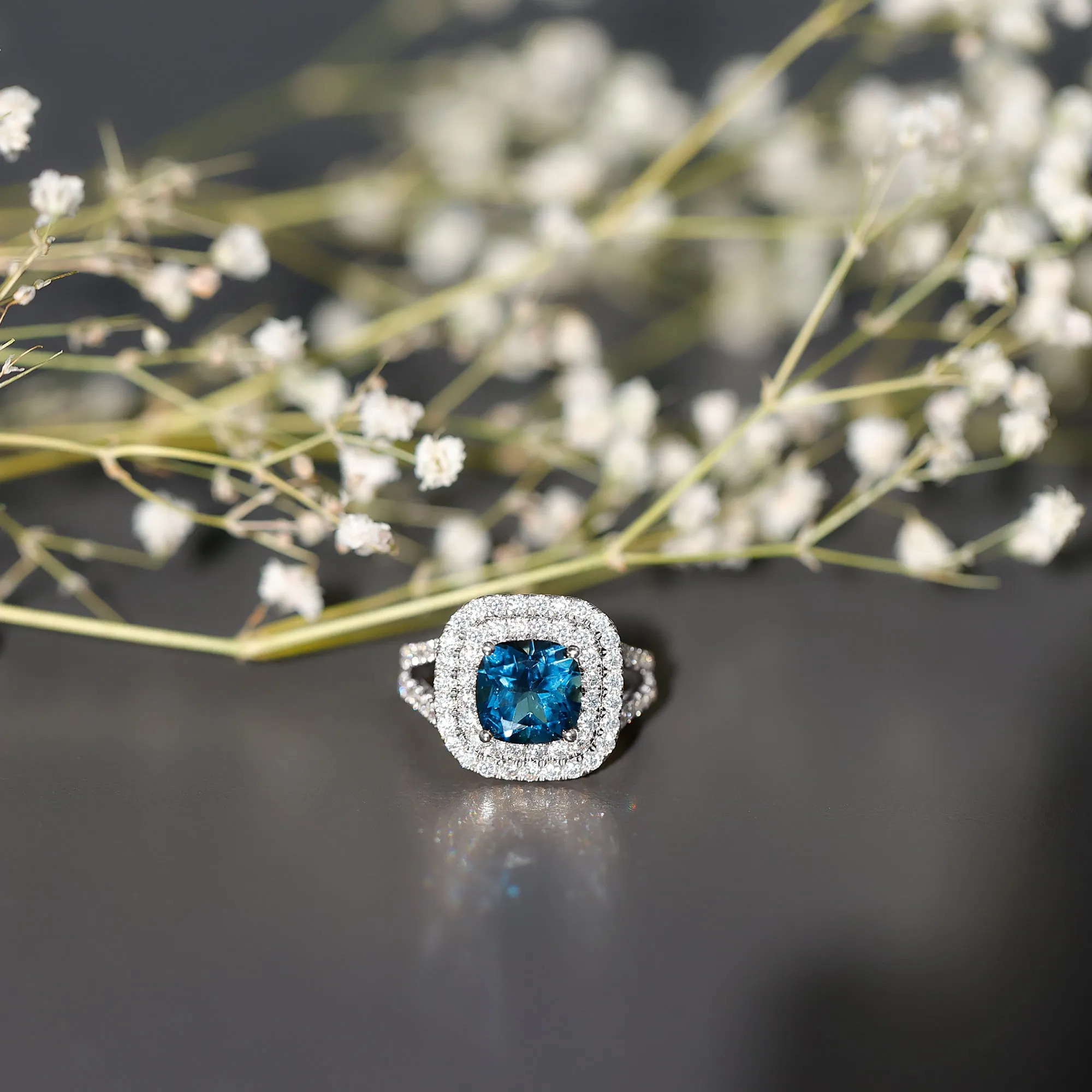 London Blue Topaz Double Halo Engagement Ring