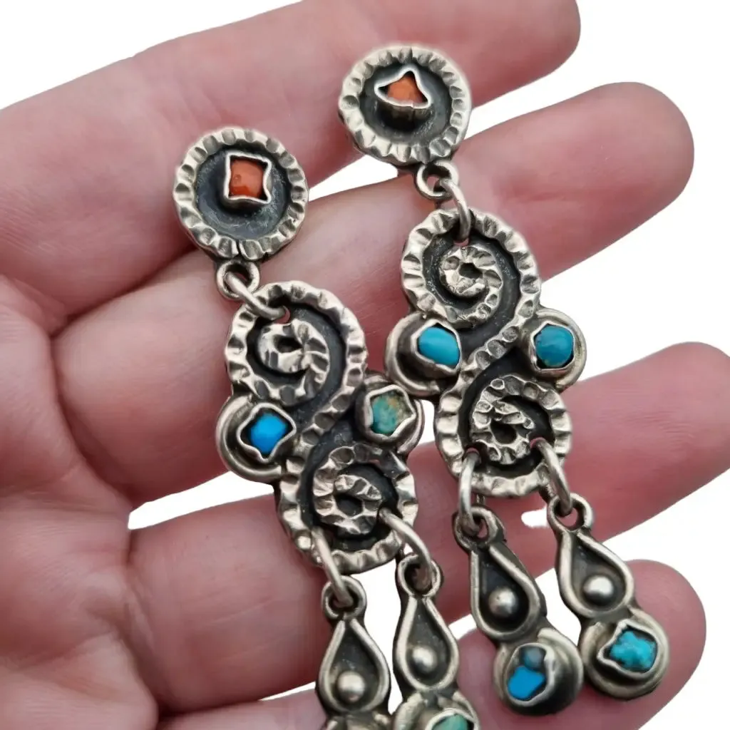 Long Mexican earrings for women, 925 sterling silver, red coral.