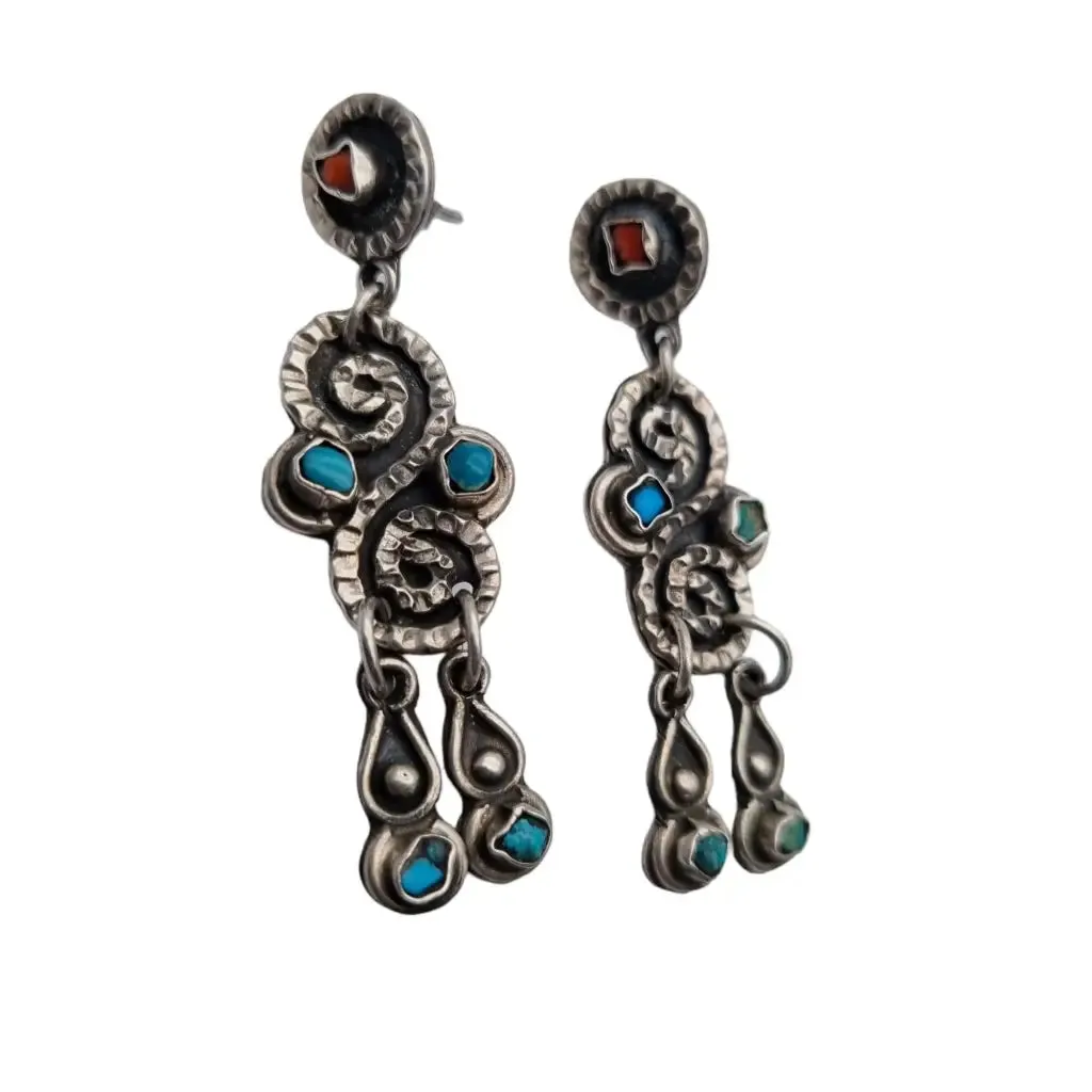 Long Mexican earrings for women, 925 sterling silver, red coral.