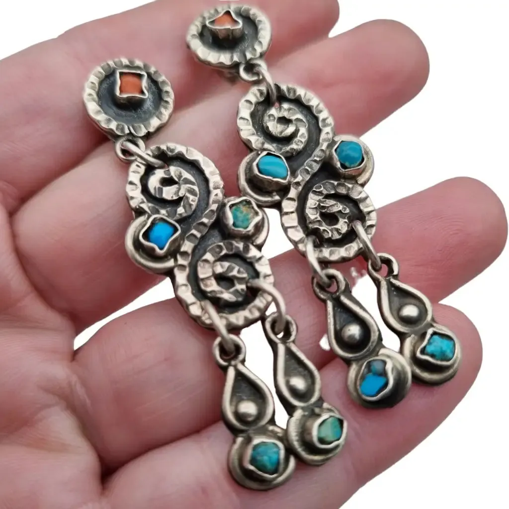 Long Mexican earrings for women, 925 sterling silver, red coral.